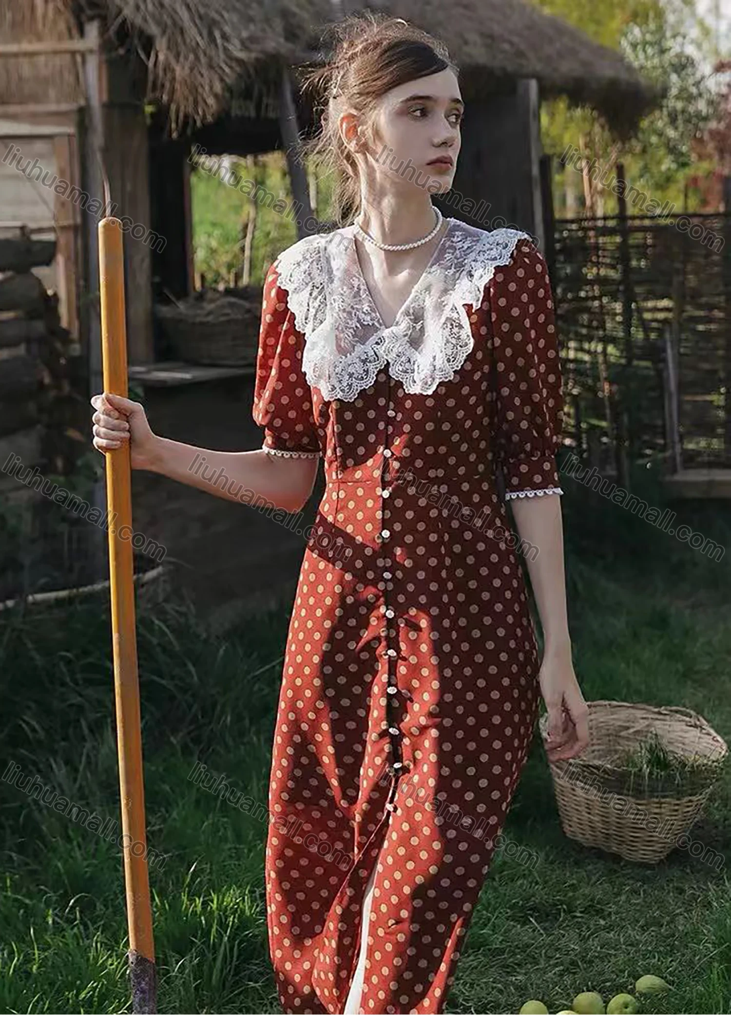 Wholesale Women's Vintage Sheer Lace Peter Pan Collar Half Sleeve Polka Dot Maxi Dress AY004# - Liuhuamall