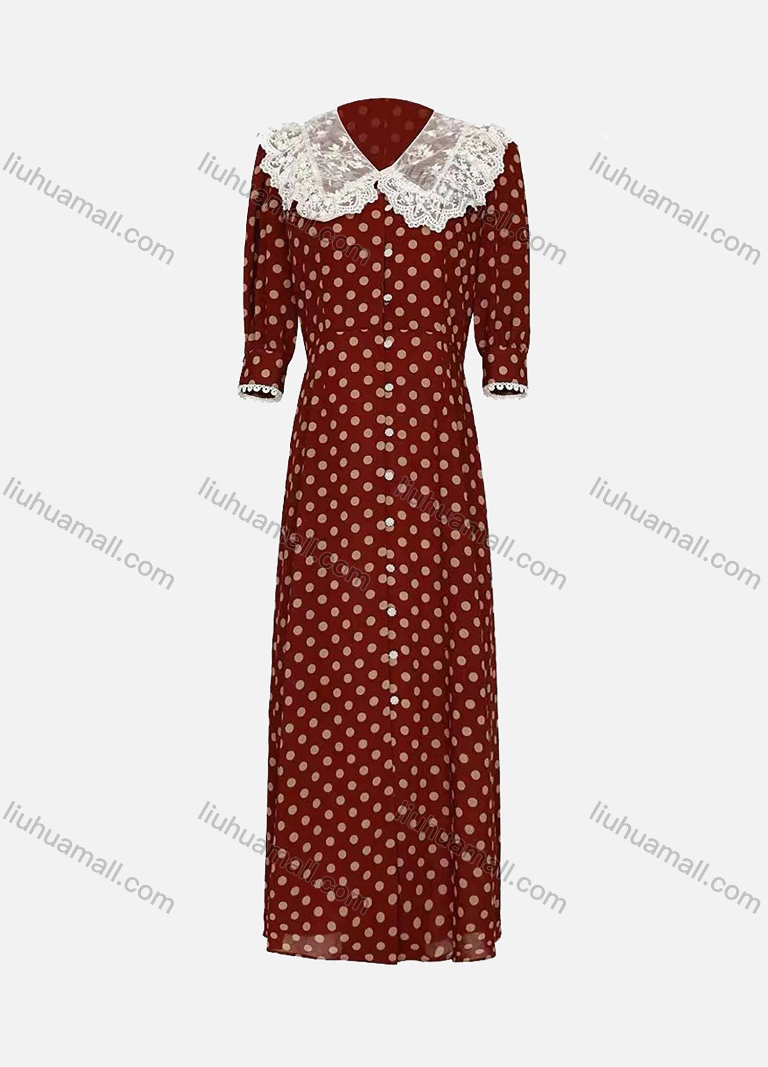 Wholesale Women's Vintage Sheer Lace Peter Pan Collar Half Sleeve Polka Dot Maxi Dress AY004# - Liuhuamall