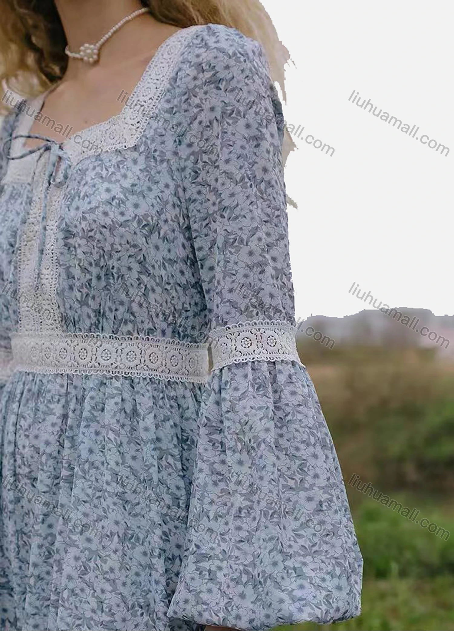 Wholesale Women's Vintage Tie Front Square-neck Long Sleeve Guipure Lace Floral Print Maxi Dress AY006# - Liuhuamall