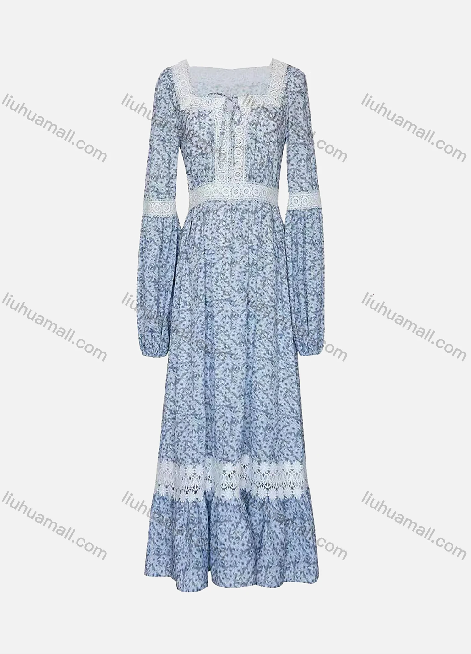 Wholesale Women's Vintage Tie Front Square-neck Long Sleeve Guipure Lace Floral Print Maxi Dress AY006# - Liuhuamall