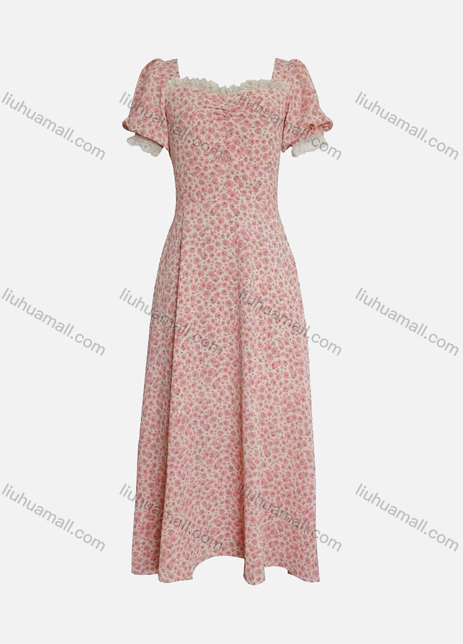 Wholesale Women's Vintage Sweetheart Neck Lace Trim Floral Print Maxi Dress AY009# - Liuhuamall