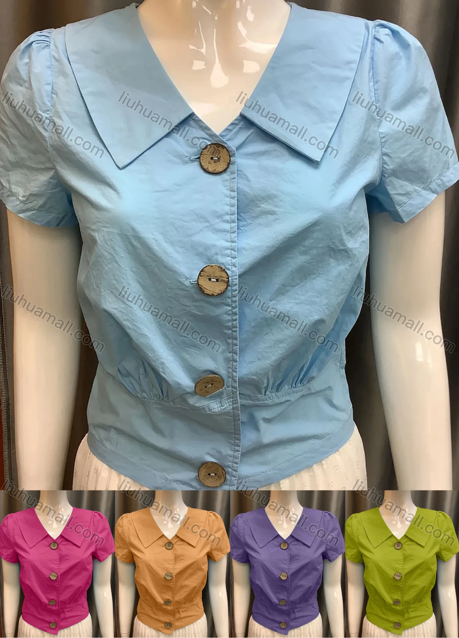 Wholesale Women's Cute Turn-down Collar Button Down Plain Short Sleeve Top AY3305# - Liuhuamall