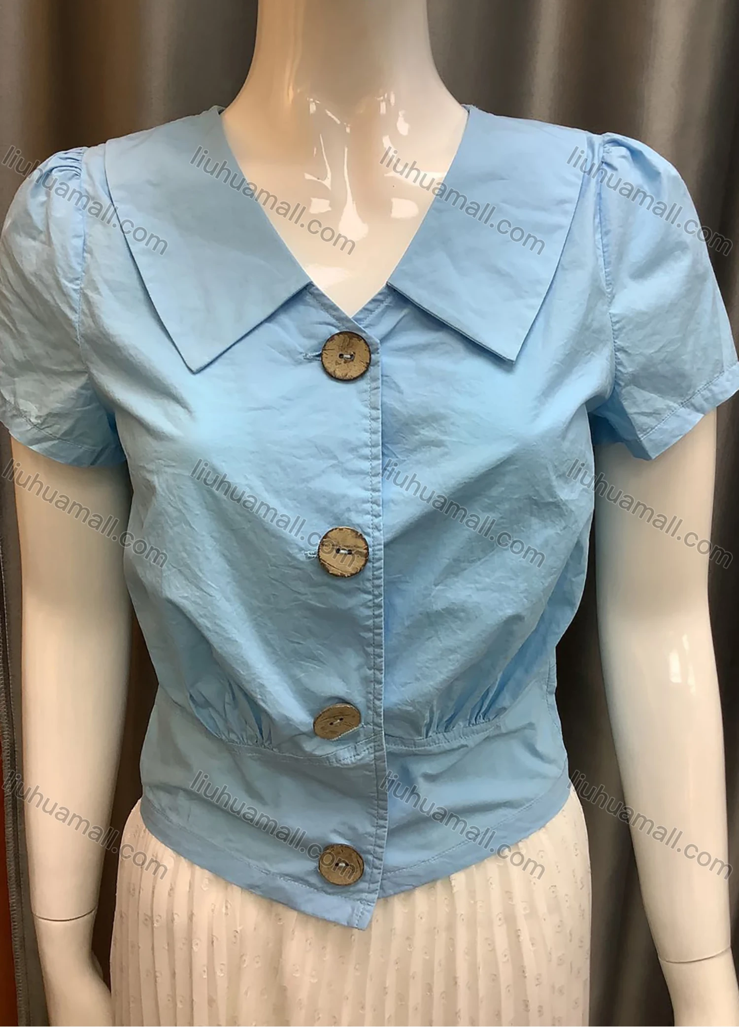 Wholesale Women's Cute Turn-down Collar Button Down Plain Short Sleeve Top AY3305# - Liuhuamall