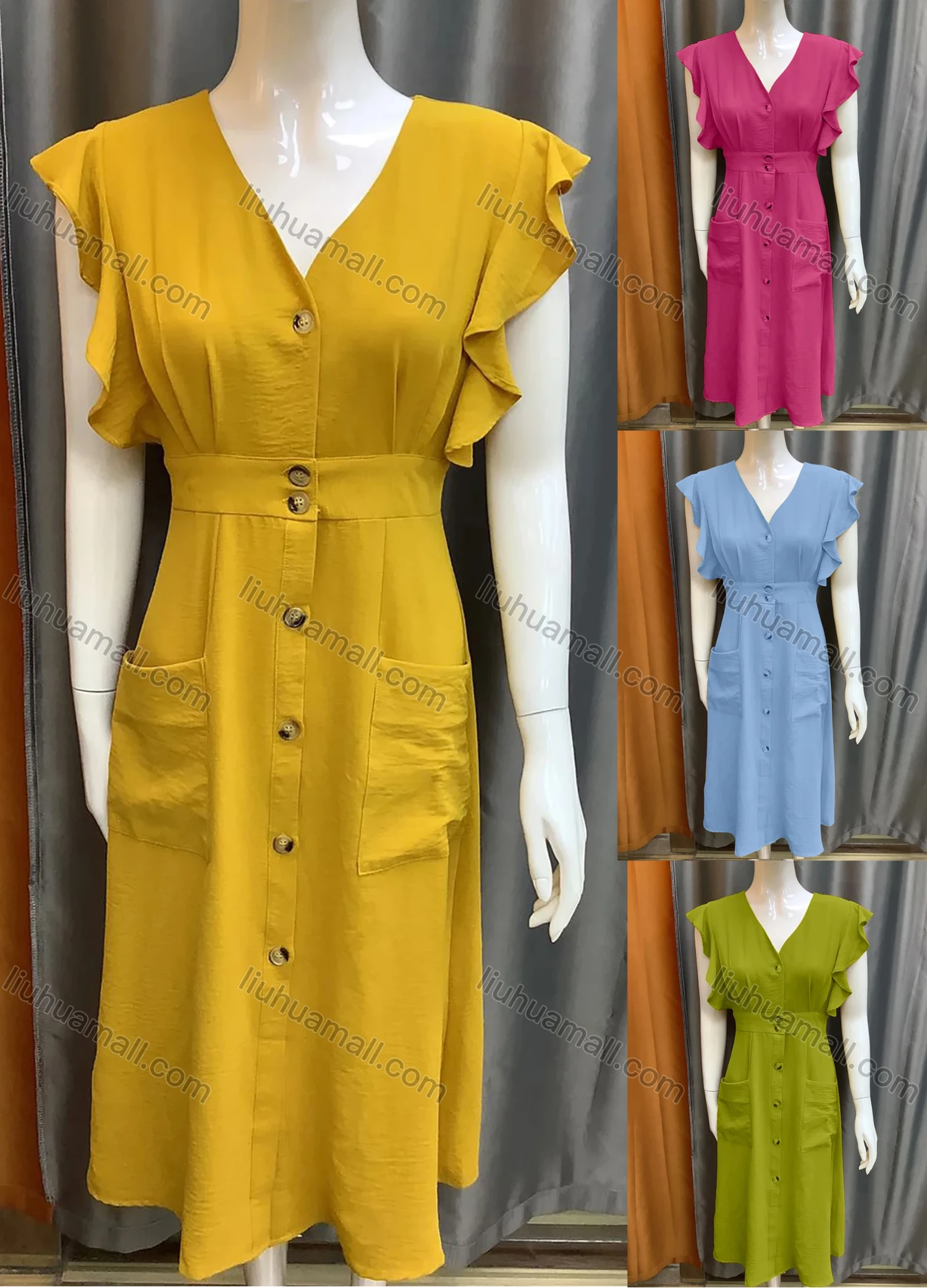 Wholesale Women's V-neck Butterfly Sleeve Buttons Down Patch Pockets Plain Ruffle Trim Midi Dress SLH21030# - Liuhuamall