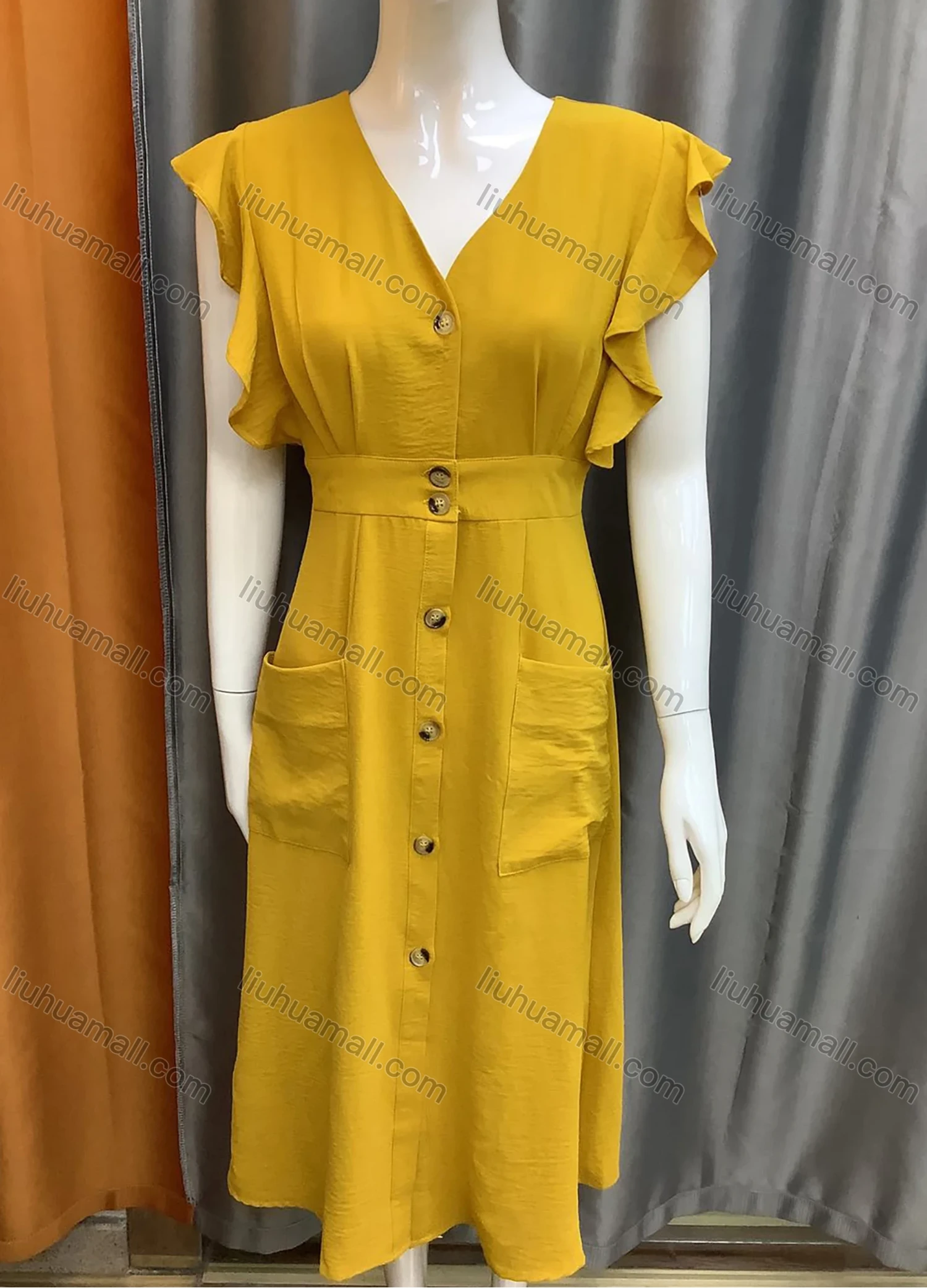 Wholesale Women's V-neck Butterfly Sleeve Buttons Down Patch Pockets Plain Ruffle Trim Midi Dress SLH21030# - Liuhuamall