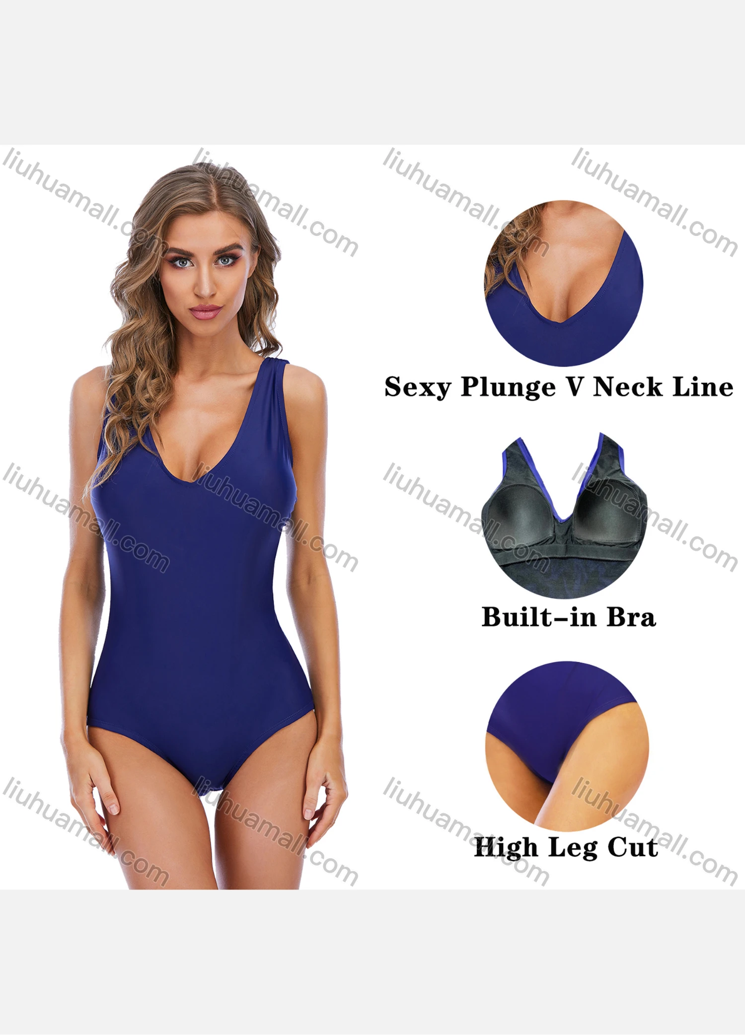 Wholesale Women's Sexy Plunge V Neck Swimwear Hight Leg Cut One Piece Casual Swimsuit - Liuhuamall