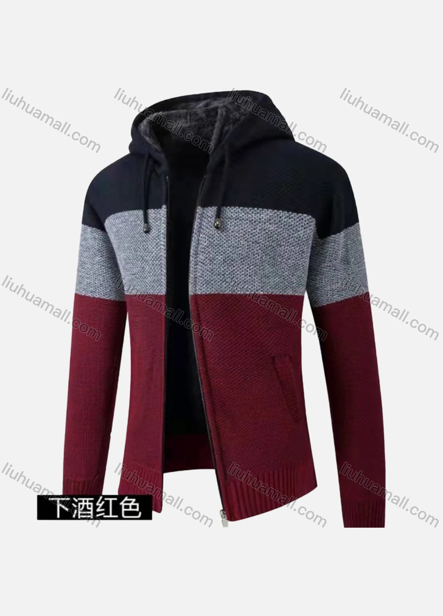 Wholesale Men's Casual Long Sleeve Colorblock Zipper Chunky Knit Hooded Jackets - Liuhuamall
