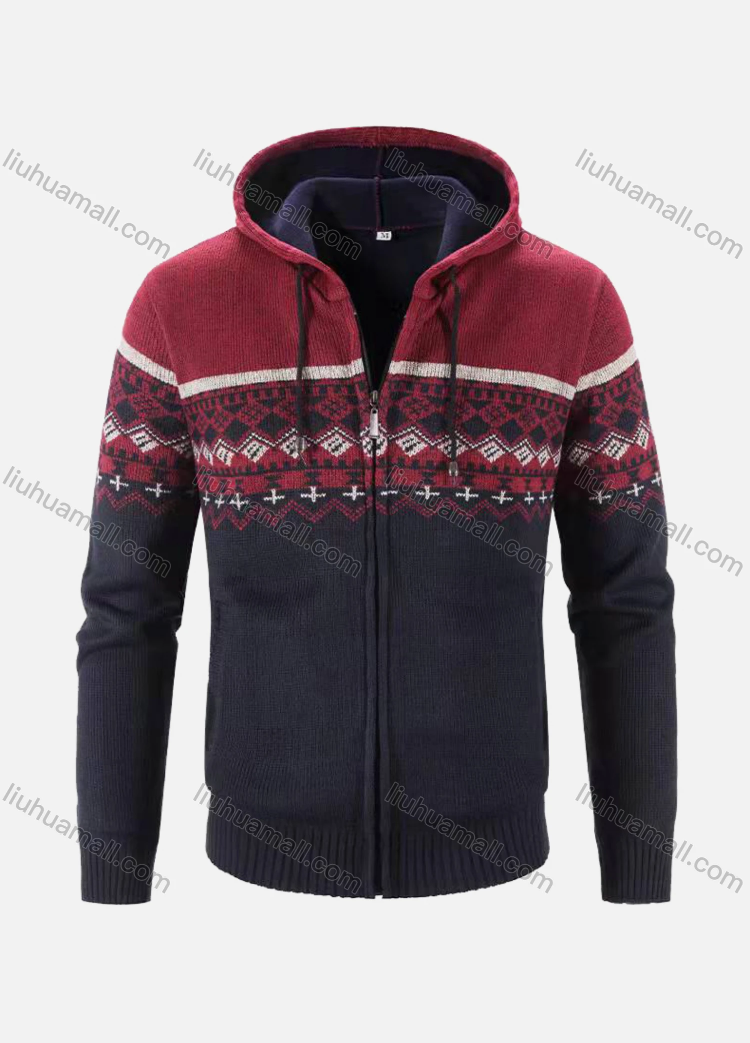 Wholesale Men's Casual Long Sleeve Retro Print Zipper Knit Hooded Jacket With Kangaroo Pocket - Liuhuamall