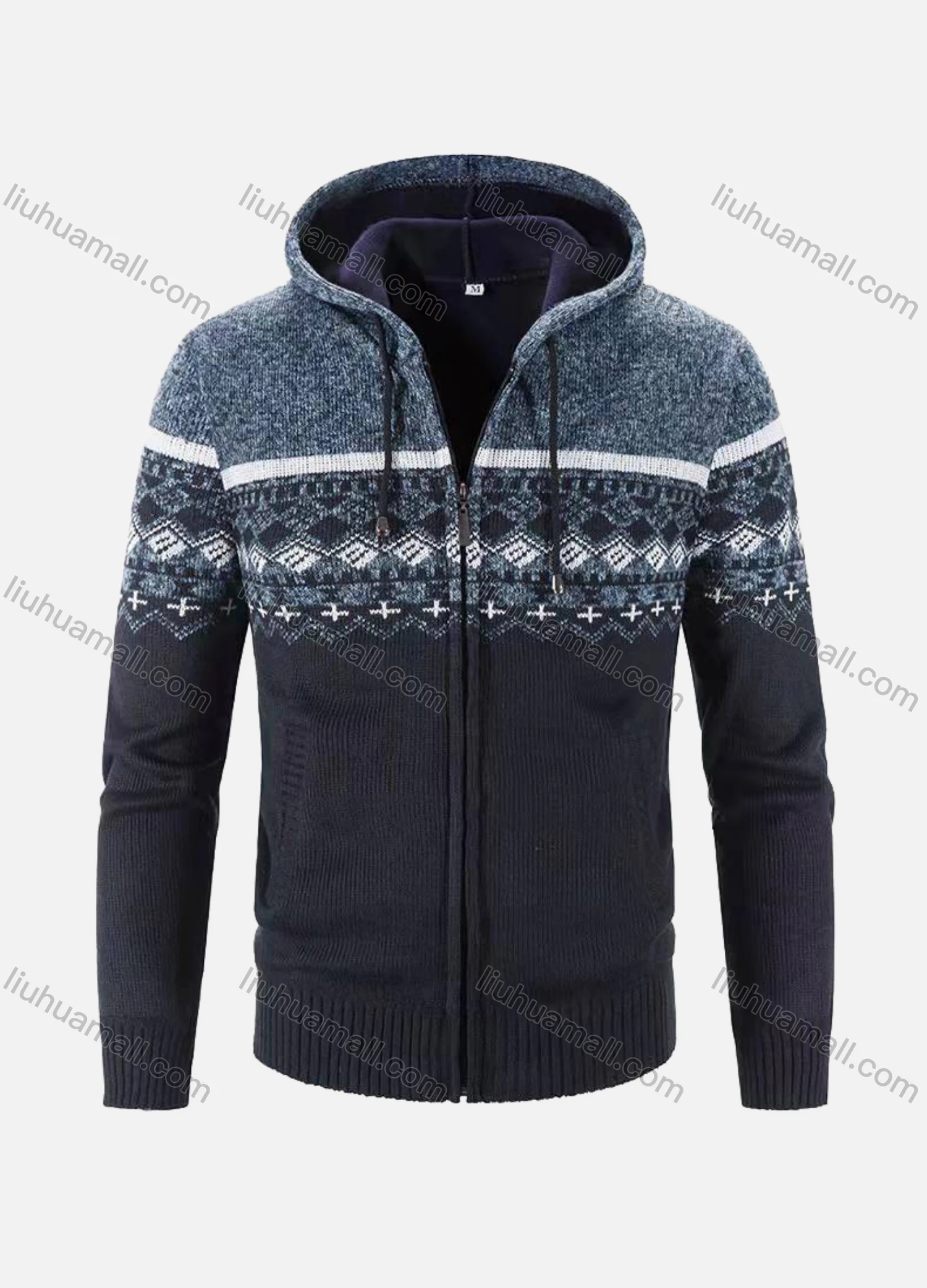 Wholesale Men's Casual Long Sleeve Retro Print Zipper Knit Hooded Jacket With Kangaroo Pocket - Liuhuamall