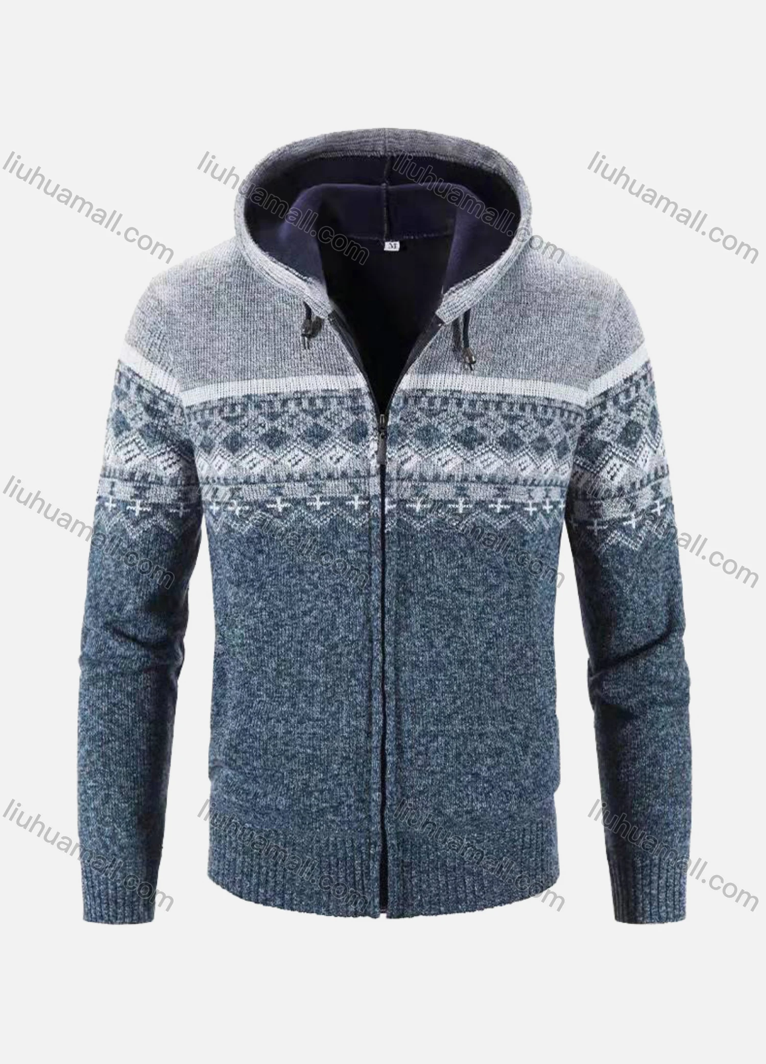Wholesale Men's Casual Long Sleeve Retro Print Zipper Knit Hooded Jacket With Kangaroo Pocket - Liuhuamall