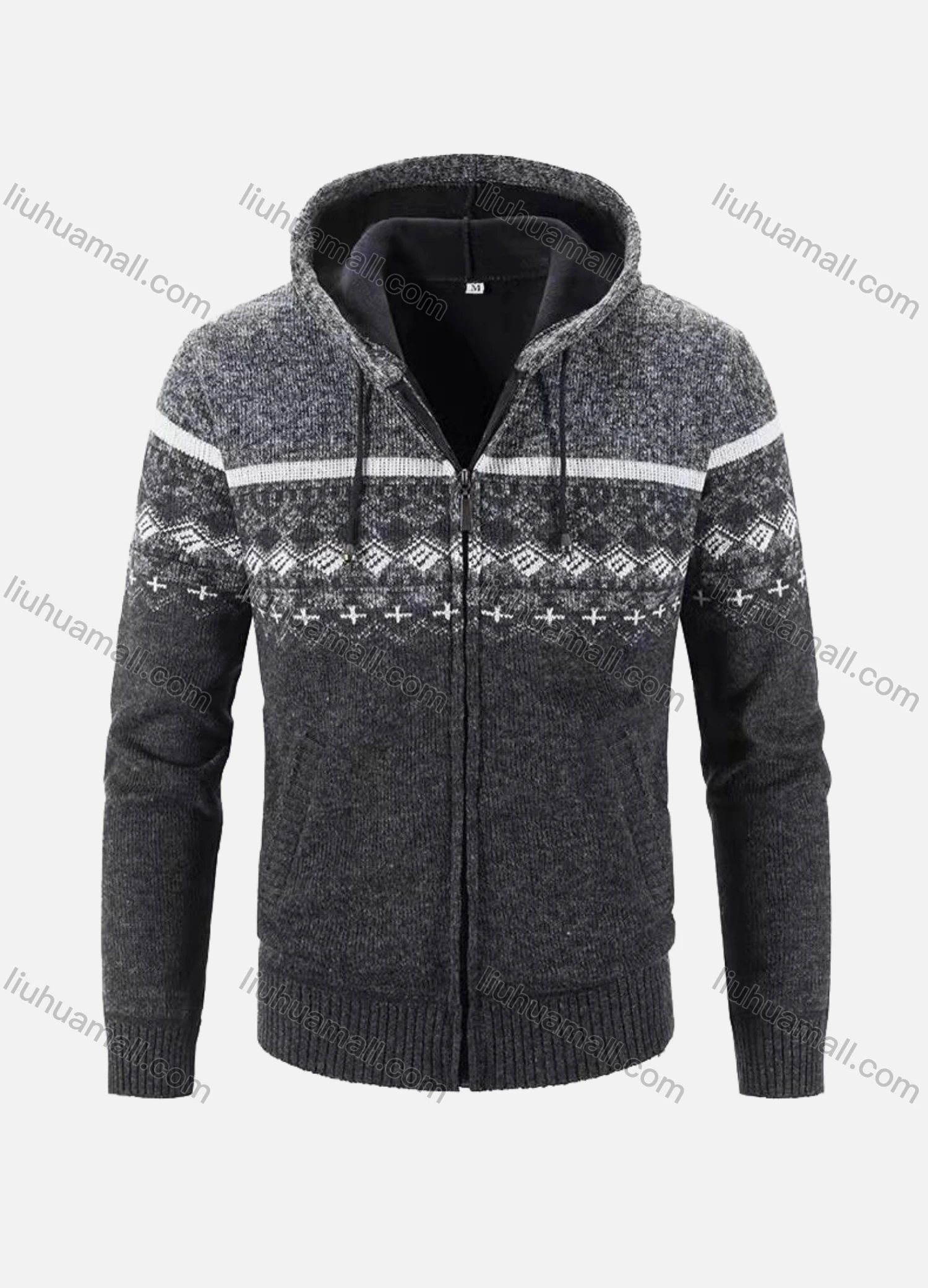 Wholesale Men's Casual Long Sleeve Retro Print Zipper Knit Hooded Jacket With Kangaroo Pocket - Liuhuamall