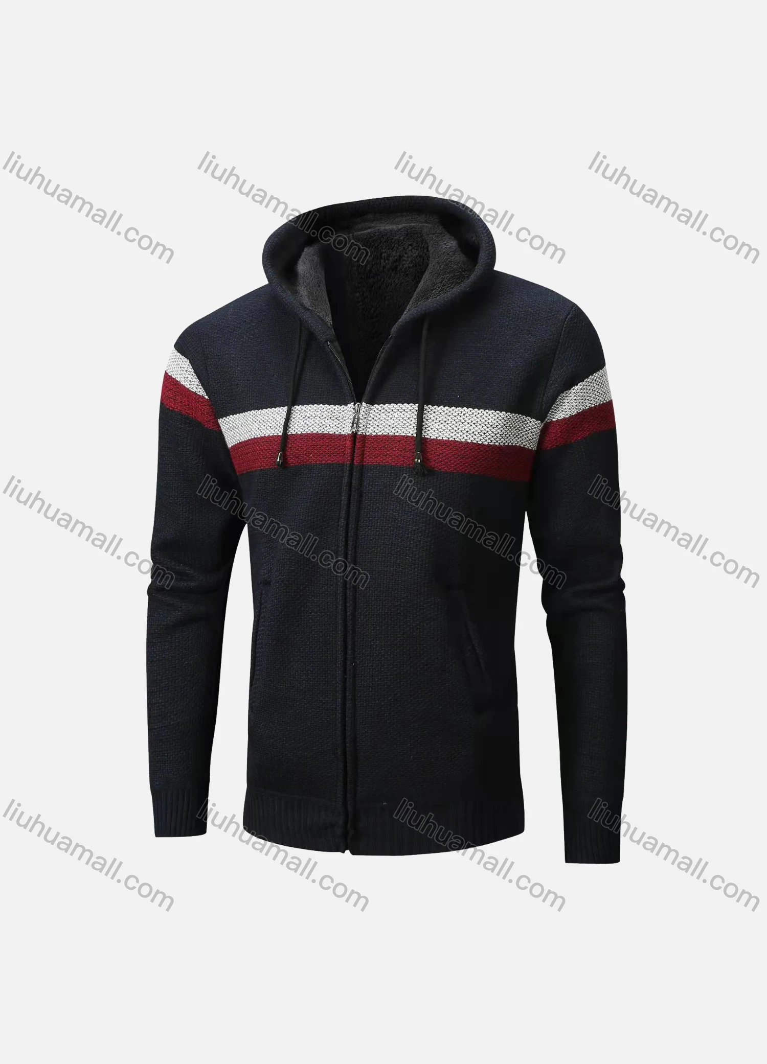 Wholesale Men's Casual Long Sleeve Striped Zipper Chunky Knit Drawstring Hooded Jacket - Liuhuamall