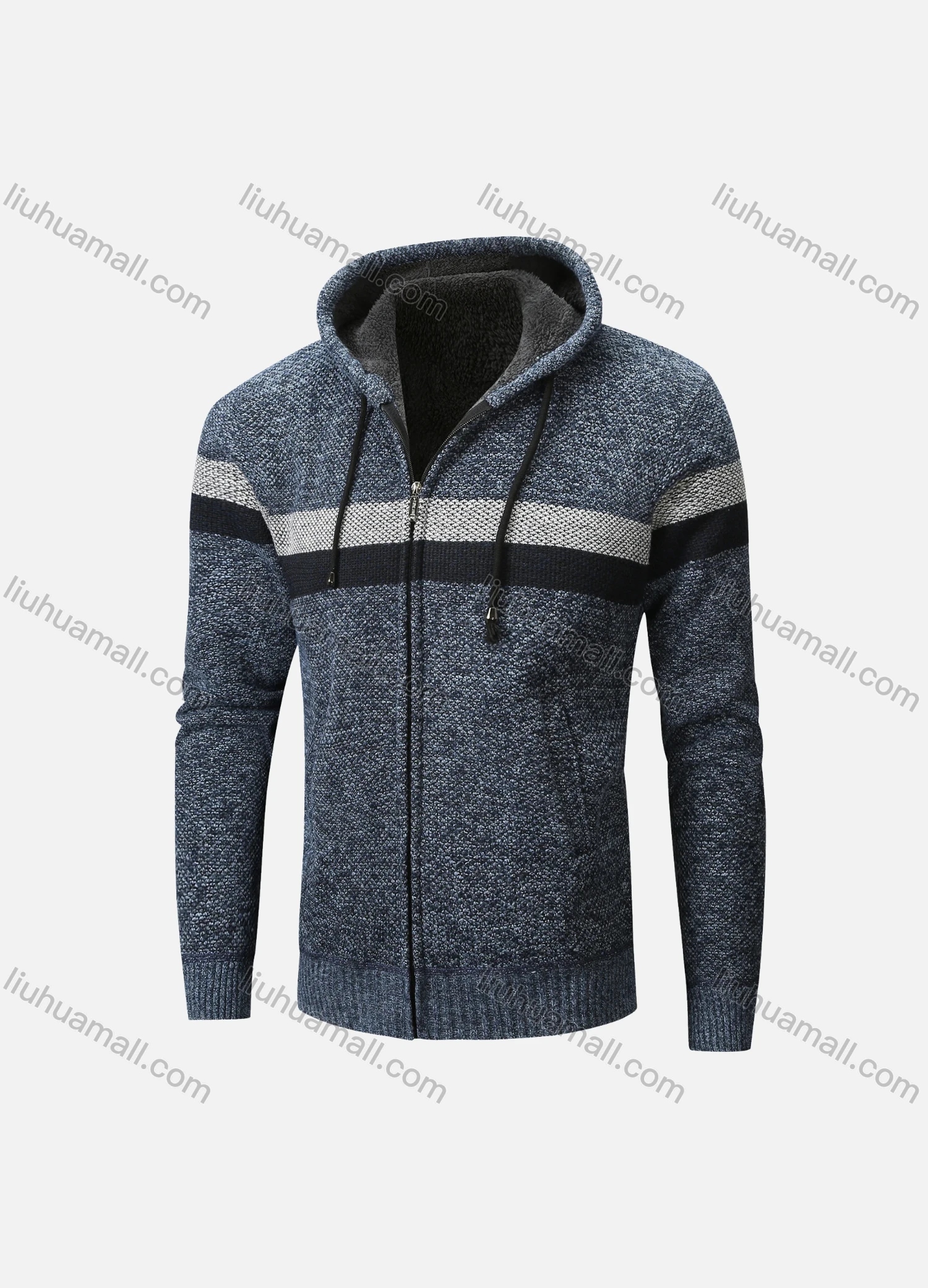 Wholesale Men's Casual Long Sleeve Striped Zipper Chunky Knit Drawstring Hooded Jacket - Liuhuamall