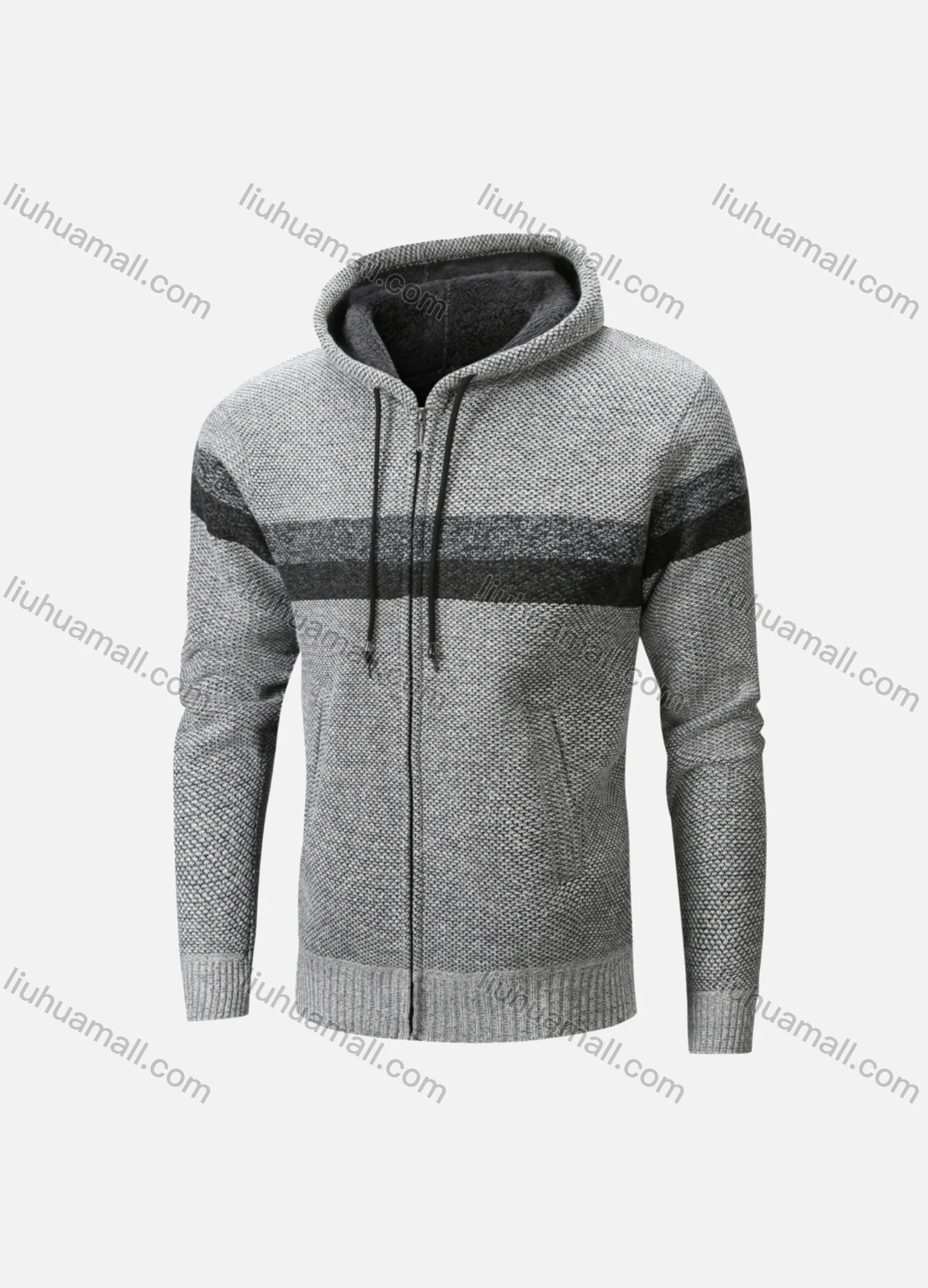 Wholesale Men's Casual Long Sleeve Striped Zipper Chunky Knit Drawstring Hooded Jacket - Liuhuamall