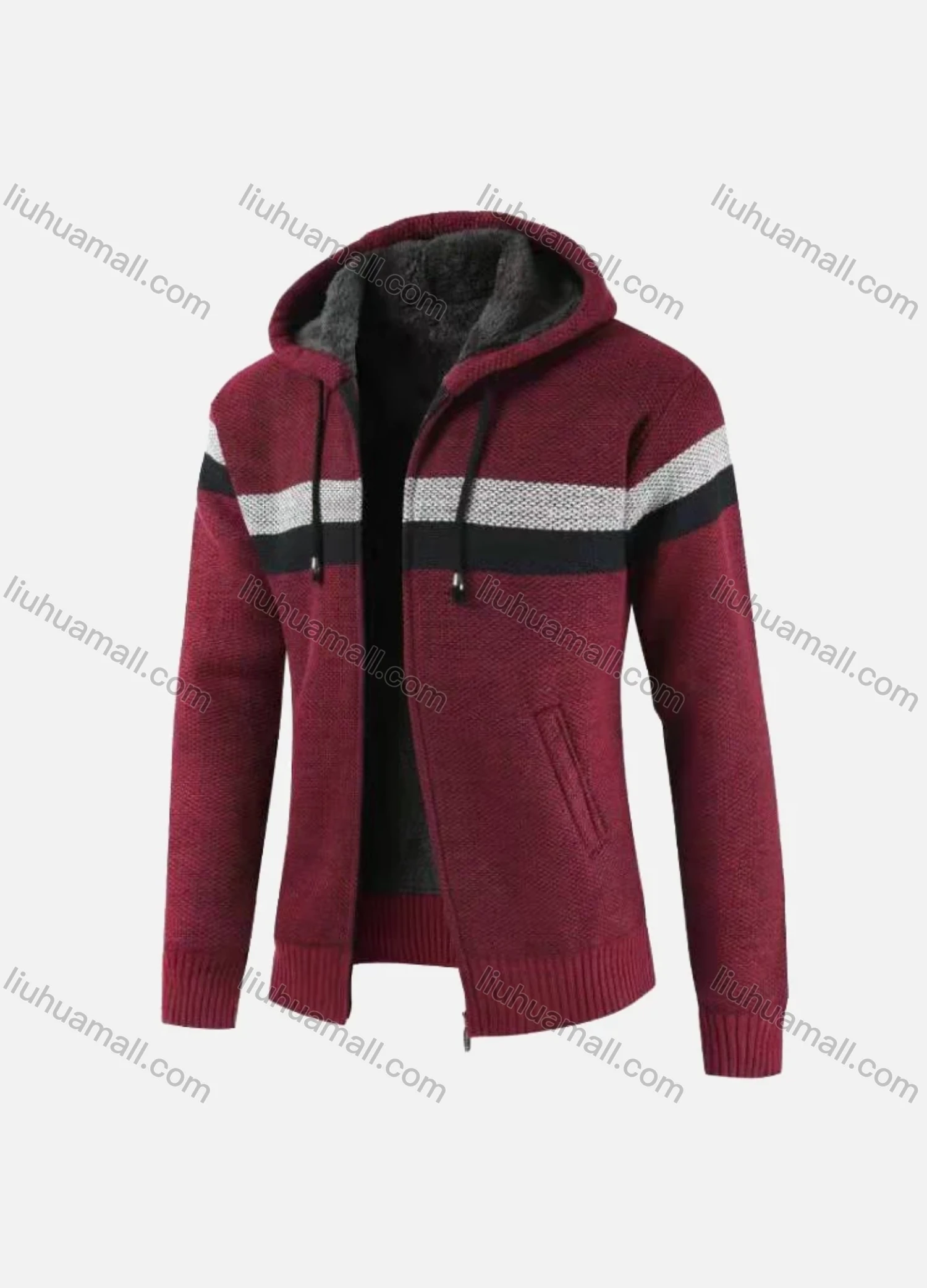 Wholesale Men's Casual Long Sleeve Striped Zipper Chunky Knit Drawstring Hooded Jacket - Liuhuamall