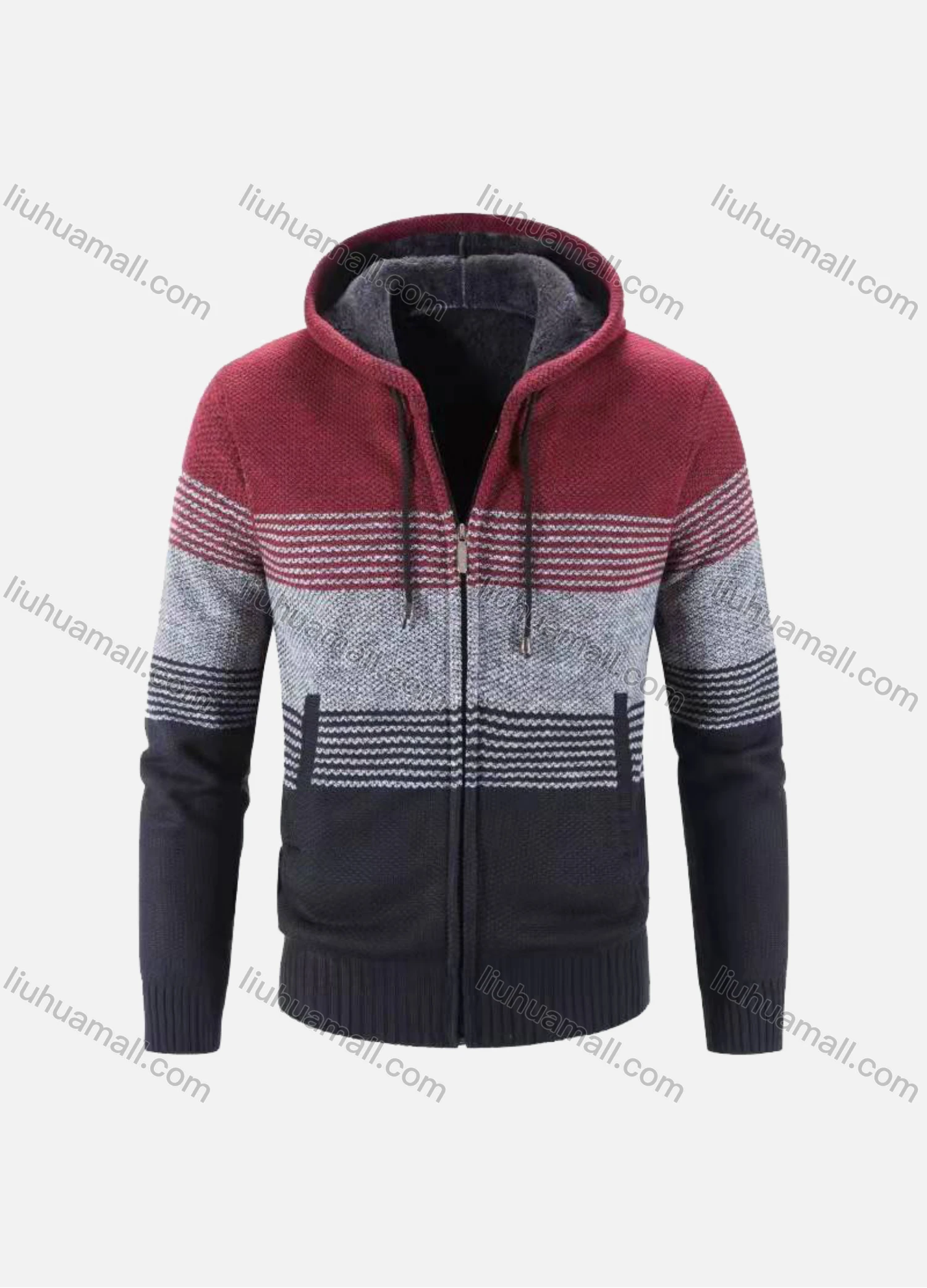 Wholesale Men's Casual Long Sleeve Colorblock Striped Zipper Chunky Knit Hooded Jackets - Liuhuamall
