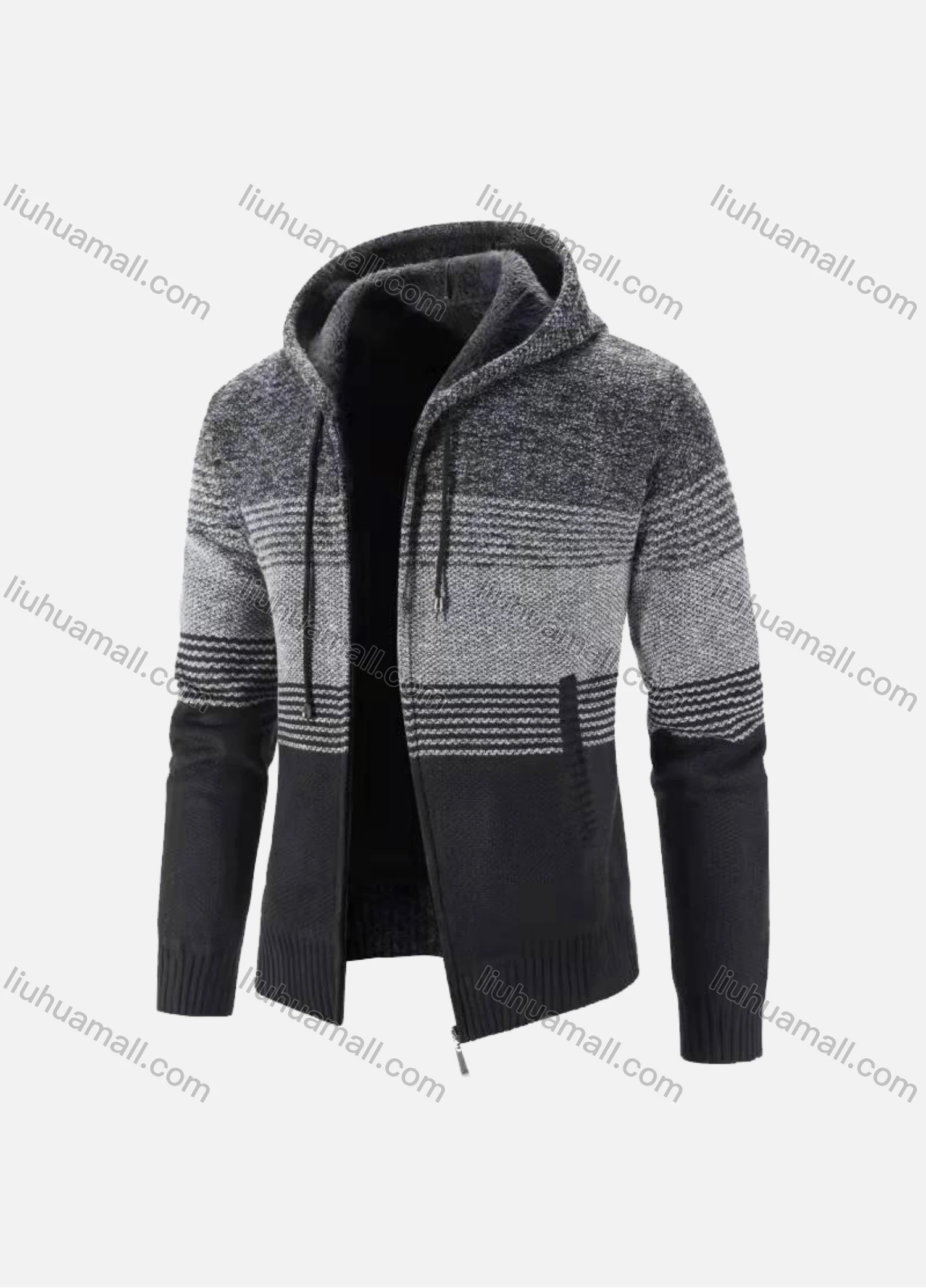 Wholesale Men's Casual Long Sleeve Colorblock Striped Zipper Chunky Knit Hooded Jackets - Liuhuamall