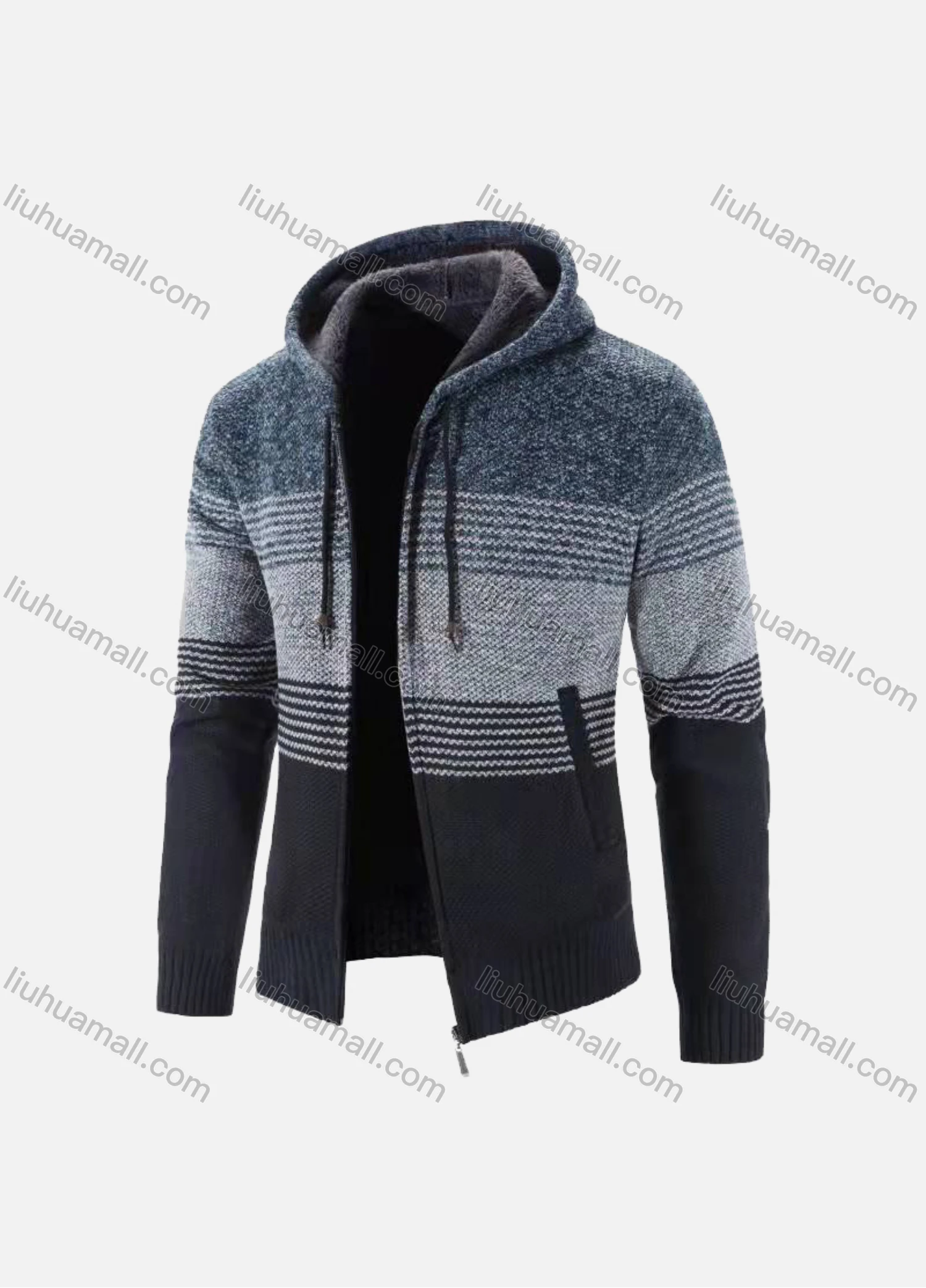 Wholesale Men's Casual Long Sleeve Colorblock Striped Zipper Chunky Knit Hooded Jackets - Liuhuamall
