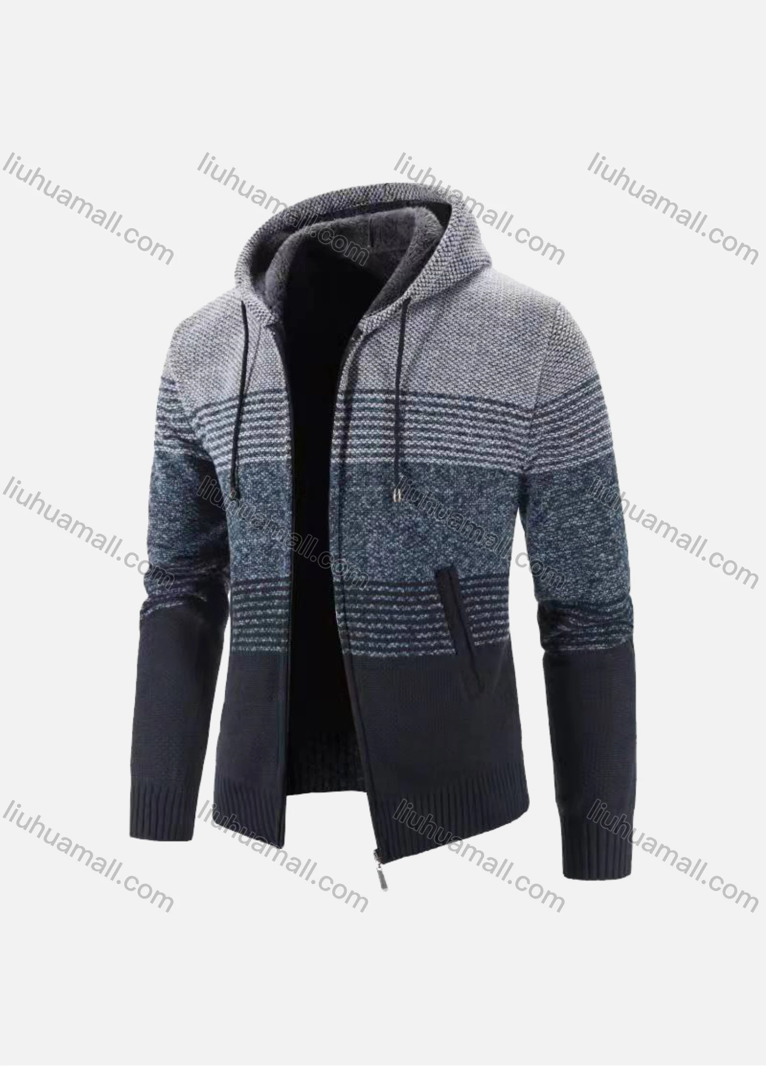 Wholesale Men's Casual Long Sleeve Colorblock Striped Zipper Chunky Knit Hooded Jackets - Liuhuamall