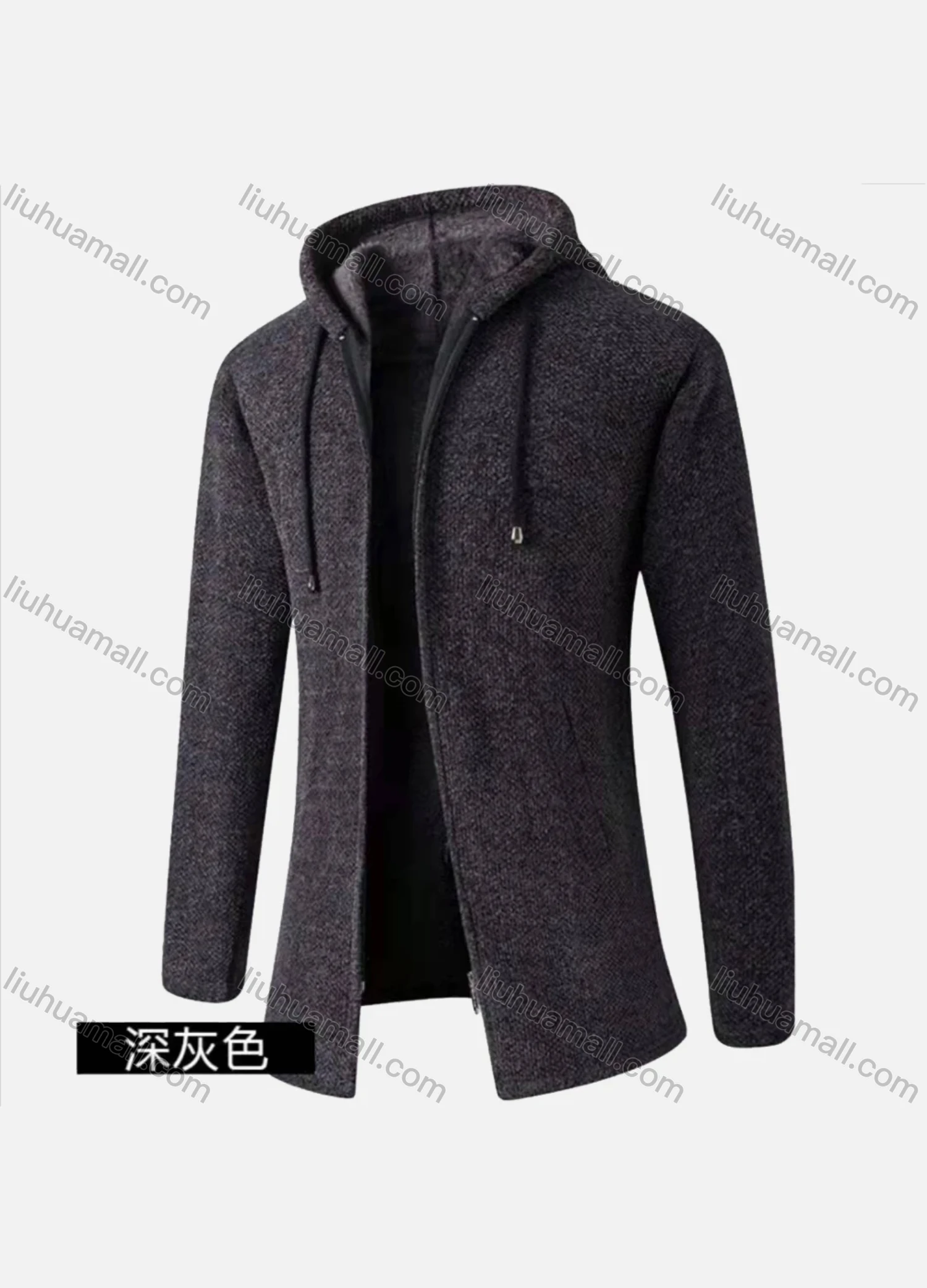 Wholesale Men's Casual Plain Long Sleeve Zipper Chunky Knit Drawstring Long Hooded Jacket - Liuhuamall