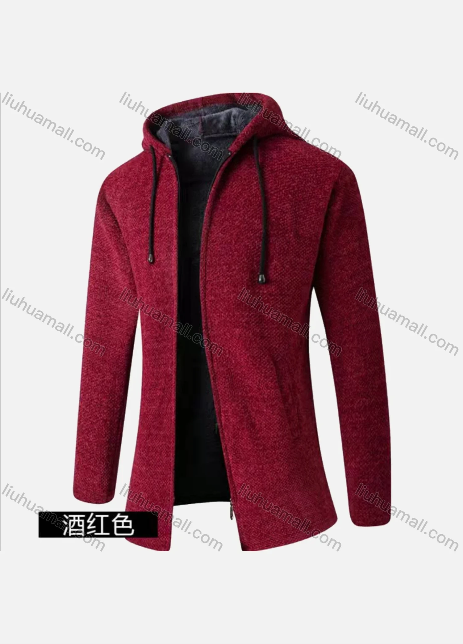 Wholesale Men's Casual Plain Long Sleeve Zipper Chunky Knit Drawstring Long Hooded Jacket - Liuhuamall