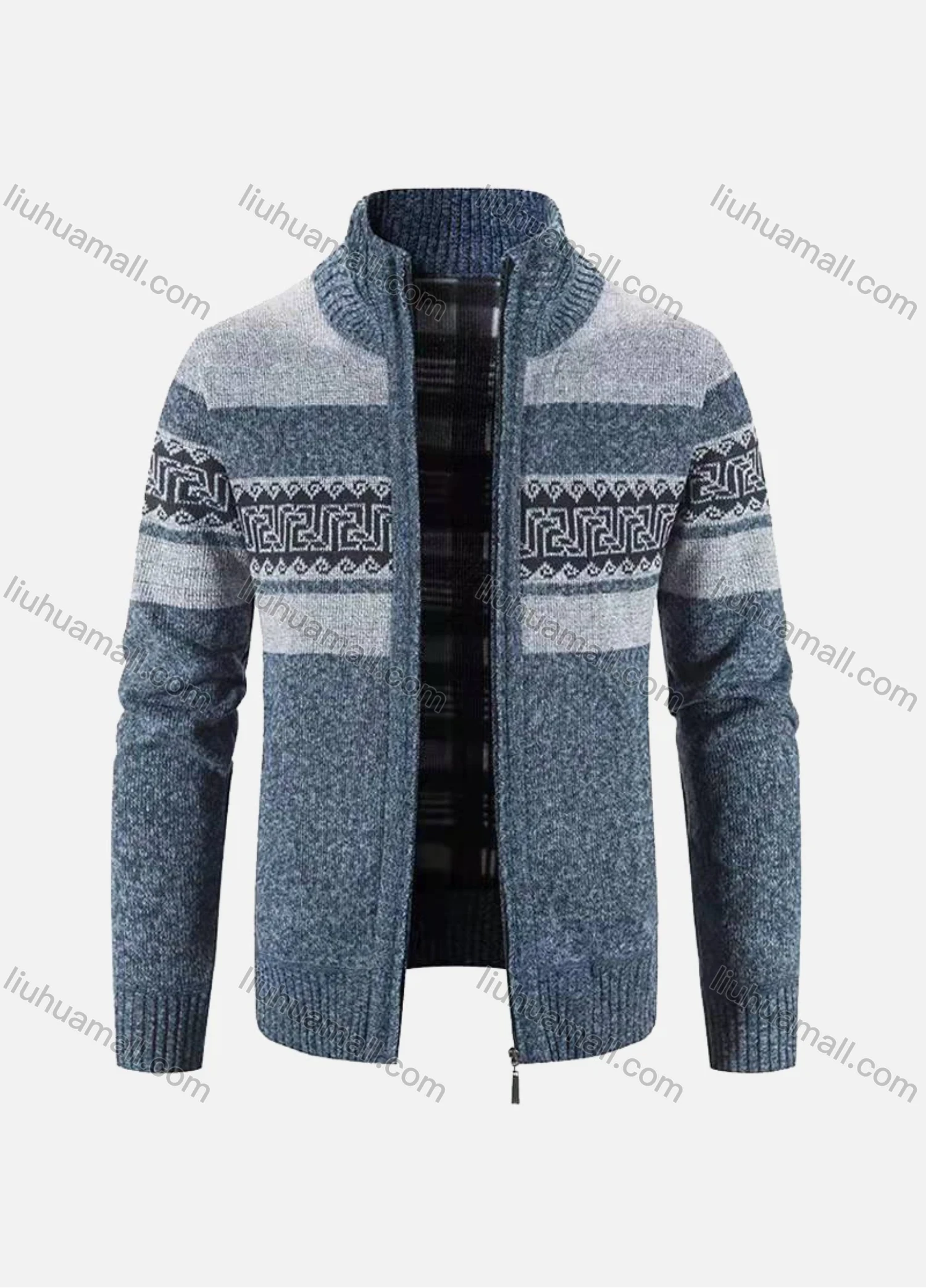 Wholesale Men's Casual Long Sleeve Zipper Colorblock Retro Print Knit Jacket - Liuhuamall