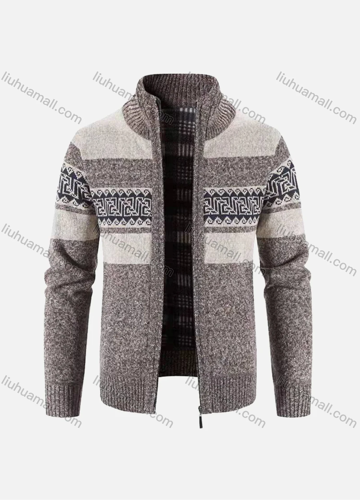 Wholesale Men's Casual Long Sleeve Zipper Colorblock Retro Print Knit Jacket - Liuhuamall