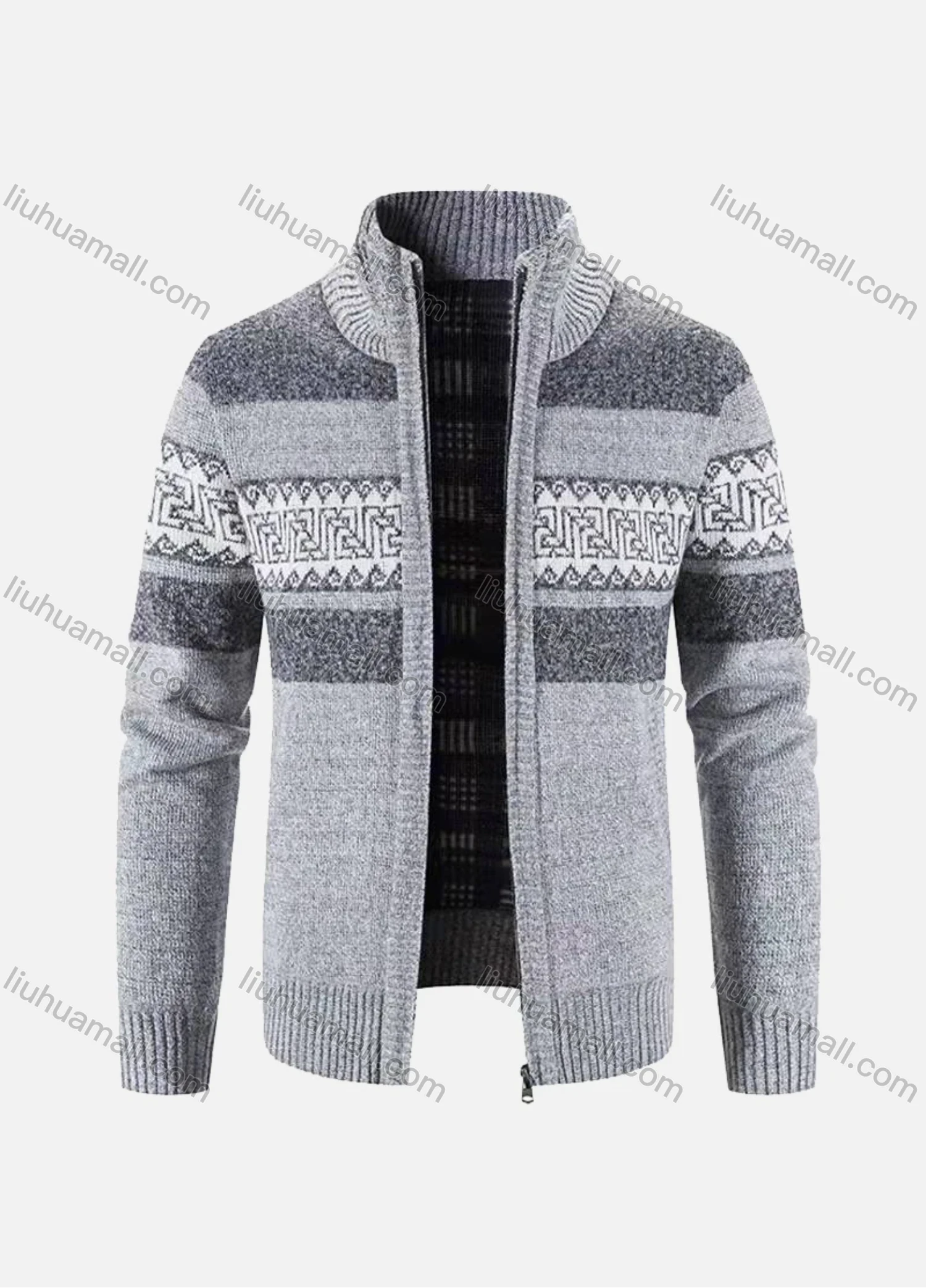 Wholesale Men's Casual Long Sleeve Zipper Colorblock Retro Print Knit Jacket - Liuhuamall