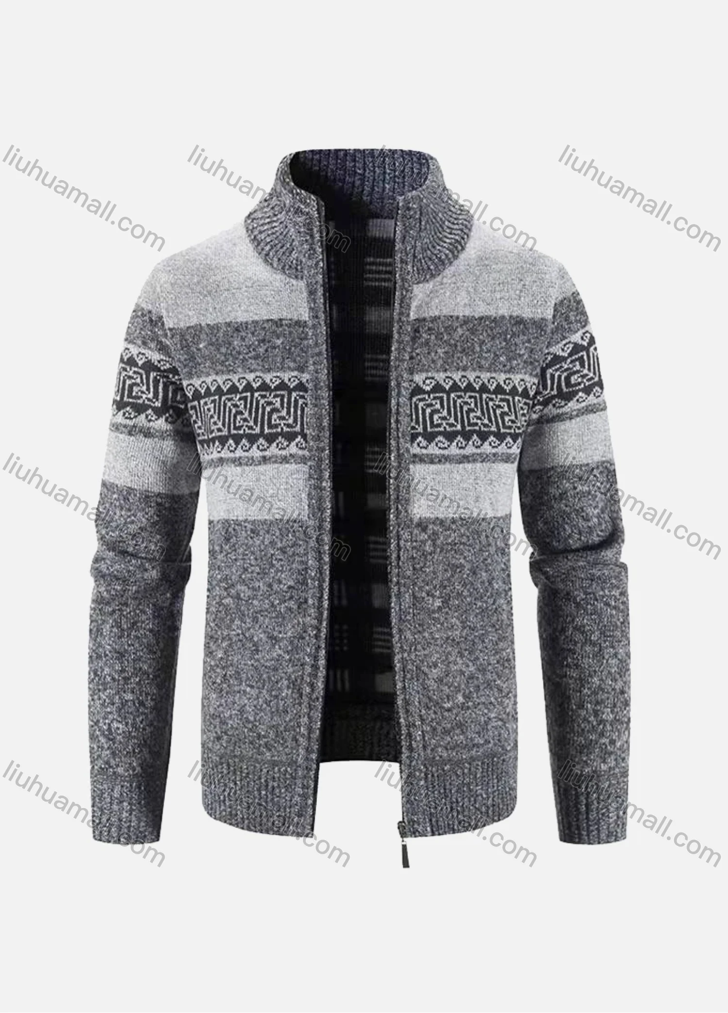 Wholesale Men's Casual Long Sleeve Zipper Colorblock Retro Print Knit Jacket - Liuhuamall