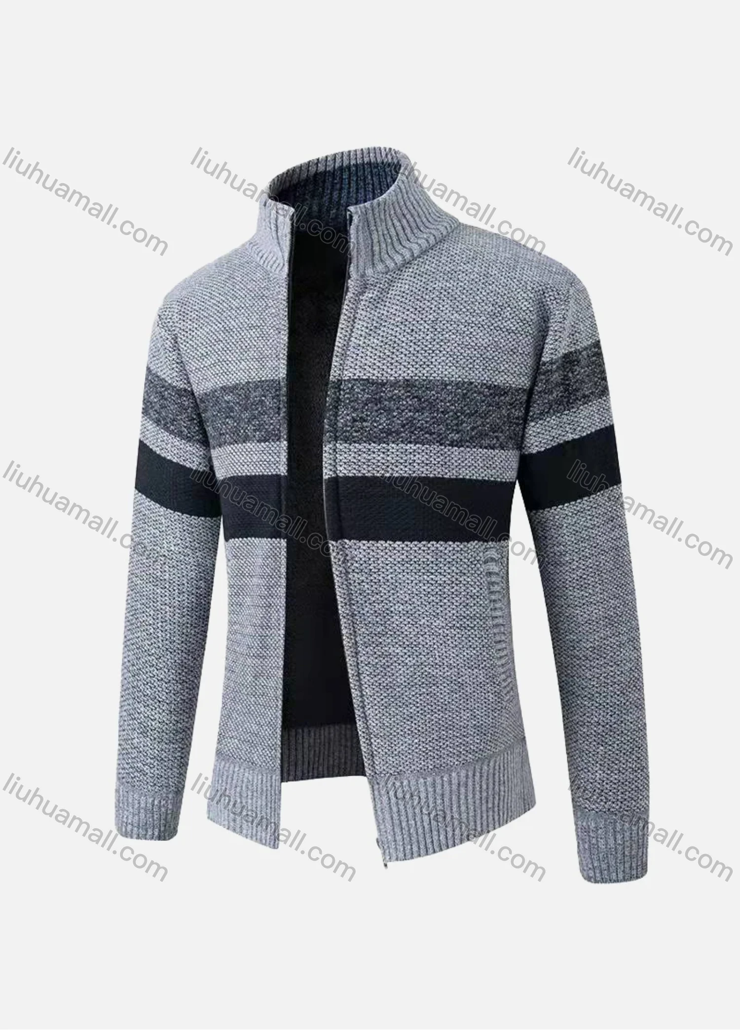 Wholesale Men's Casual Long Sleeve Full Zip Striped Chunky Knit Jacket - Liuhuamall