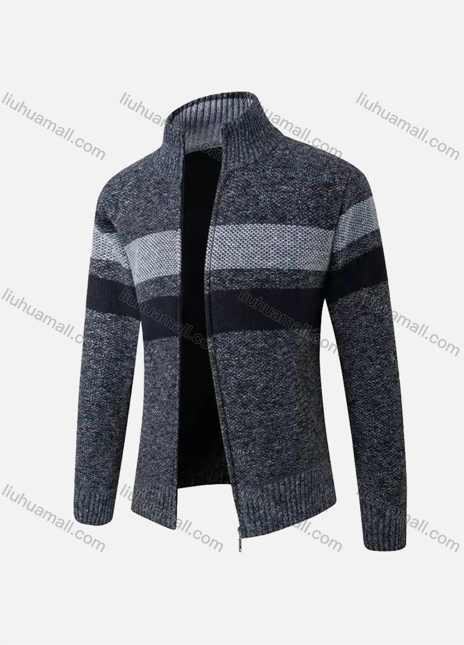 Wholesale Men's Casual Long Sleeve Full Zip Striped Chunky Knit Jacket - Liuhuamall