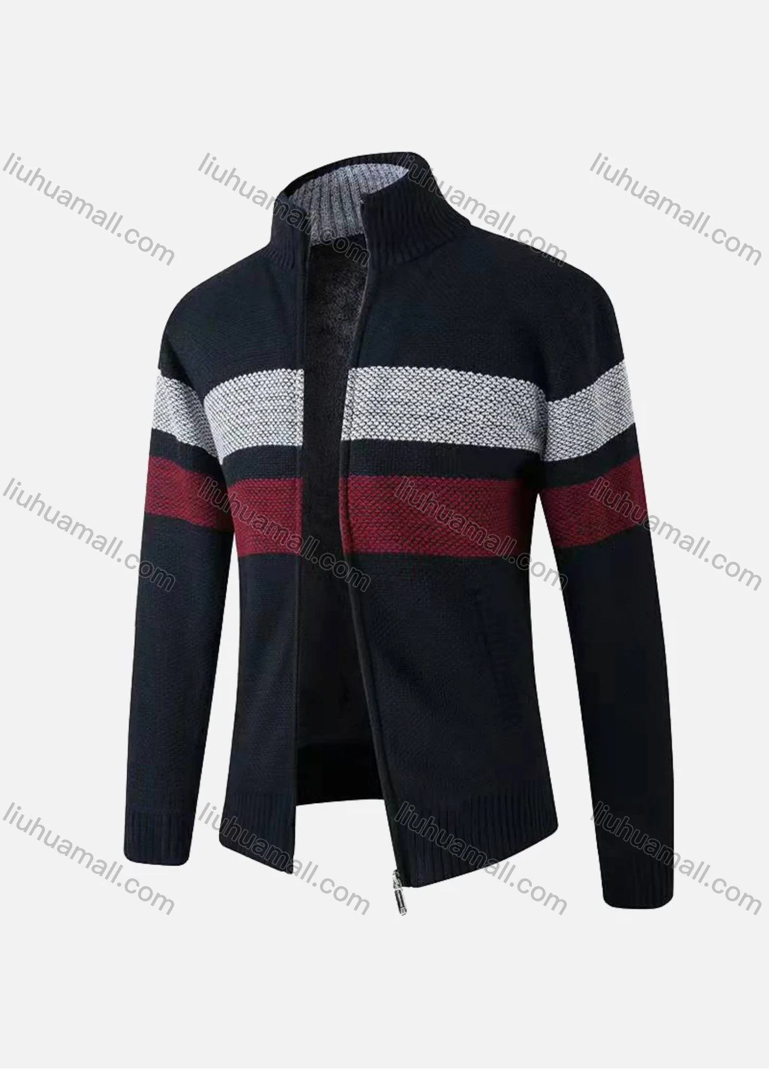 Wholesale Men's Casual Long Sleeve Full Zip Striped Chunky Knit Jacket - Liuhuamall