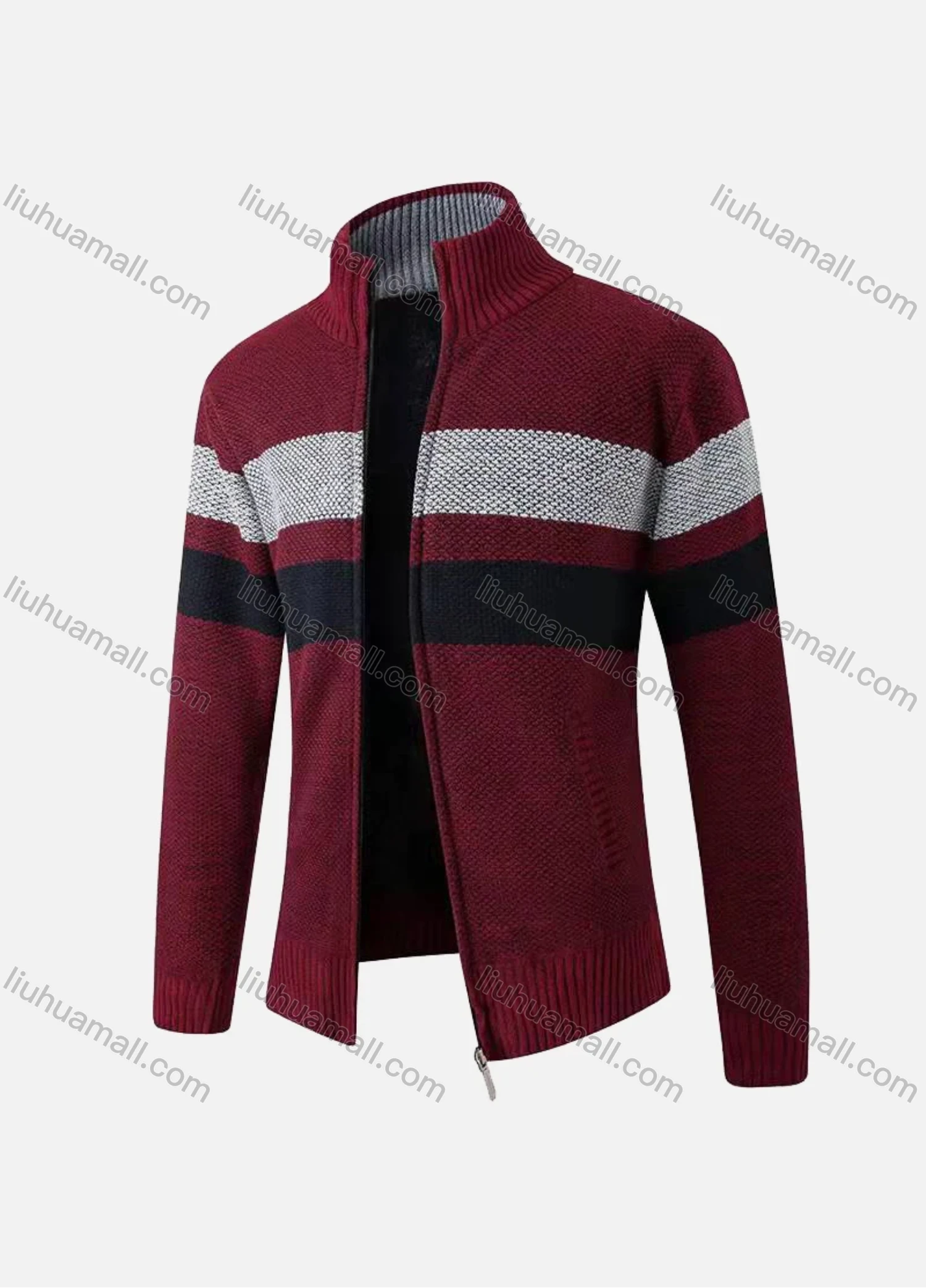 Wholesale Men's Casual Long Sleeve Full Zip Striped Chunky Knit Jacket - Liuhuamall