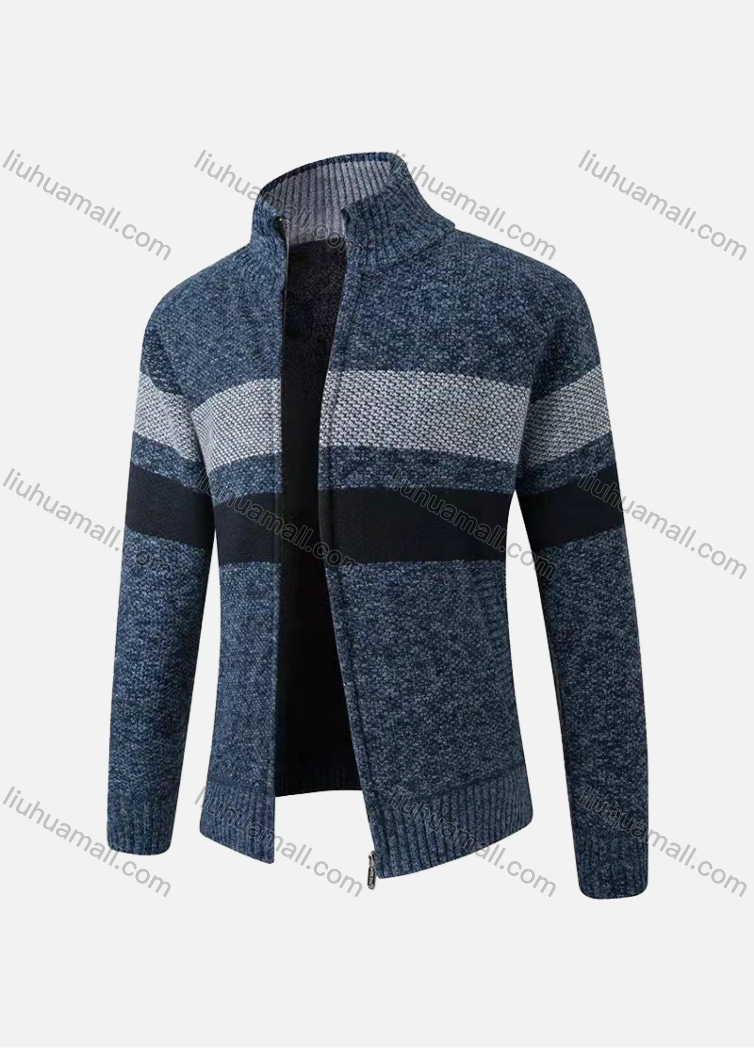 Wholesale Men's Casual Long Sleeve Full Zip Striped Chunky Knit Jacket - Liuhuamall