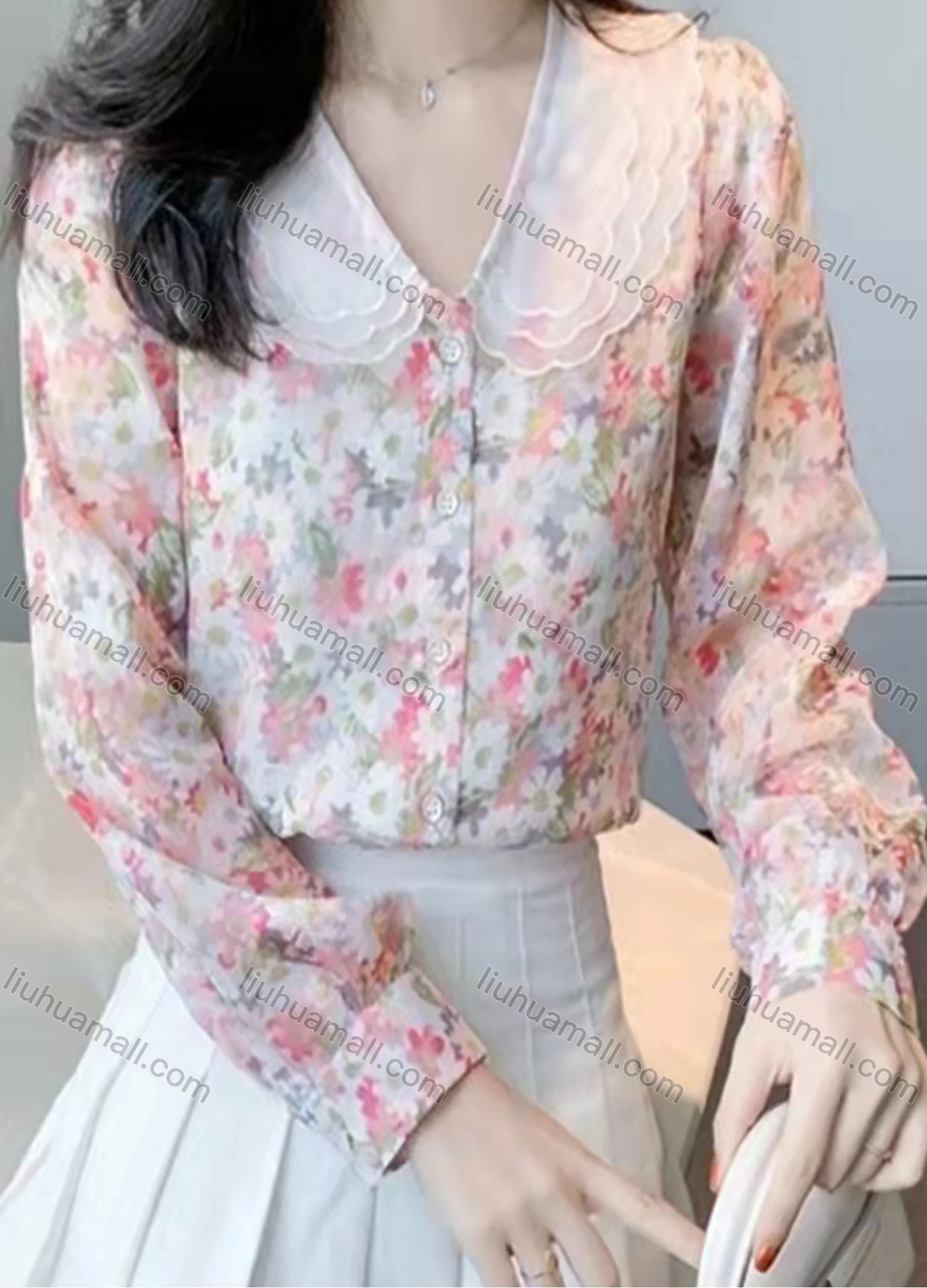 Wholesale Women's Chiffon Layered Peter Pan Collar Button Front Allover Floral Print Casual Shirt AY013# - Liuhuamall