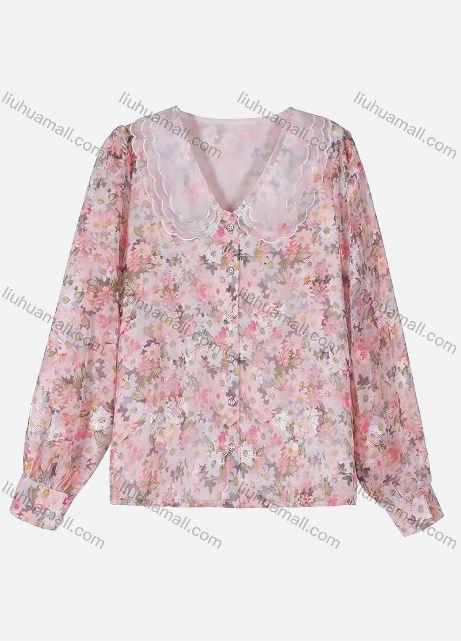 Wholesale Women's Chiffon Layered Peter Pan Collar Button Front Allover Floral Print Casual Shirt AY013# - Liuhuamall