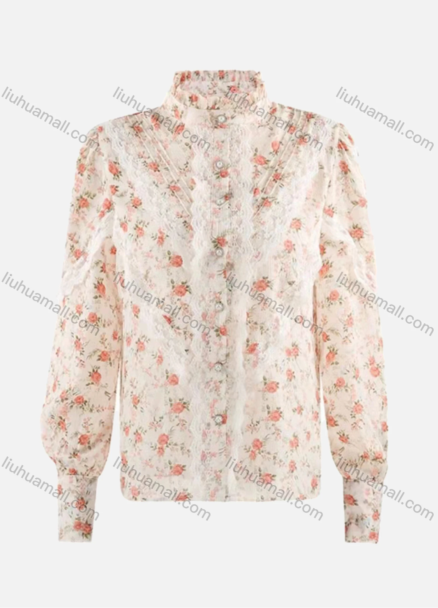 Wholesale Women's Chiffon Mock Neck Button Front Lace Trim Allover Floral Print Casual Shirt AY014# - Liuhuamall