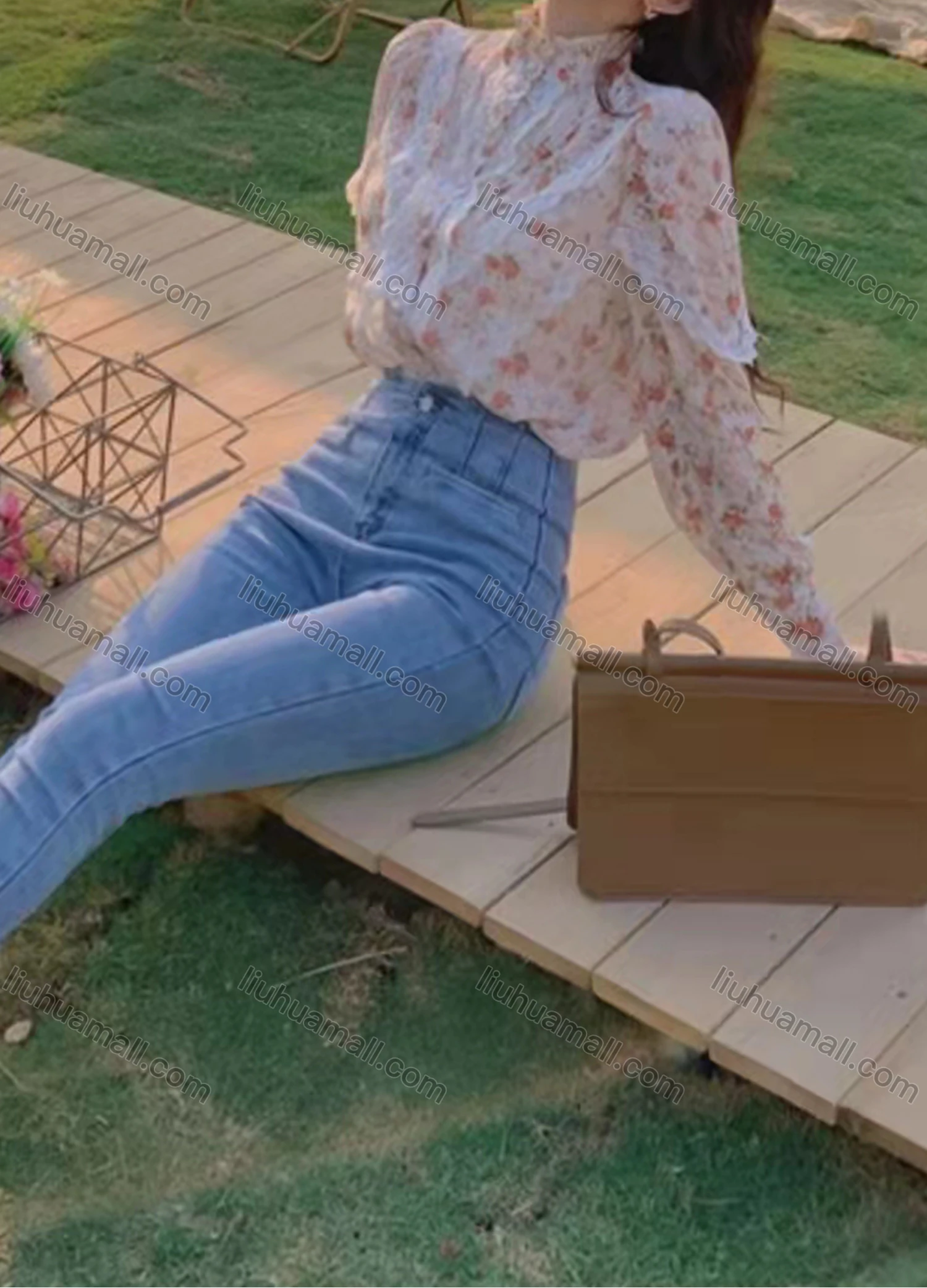 Wholesale Women's Chiffon Mock Neck Button Front Lace Trim Allover Floral Print Casual Shirt AY014# - Liuhuamall