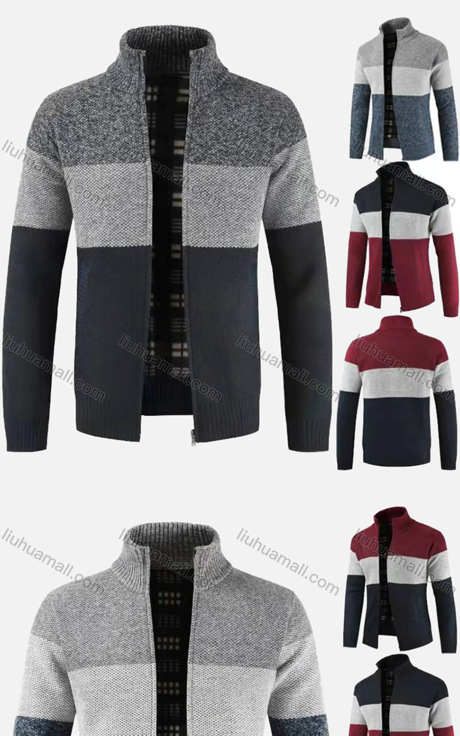 Wholesale Men's Casual Long Sleeve Full Zip Colorblock Chunky Knit Jackets - Liuhuamall