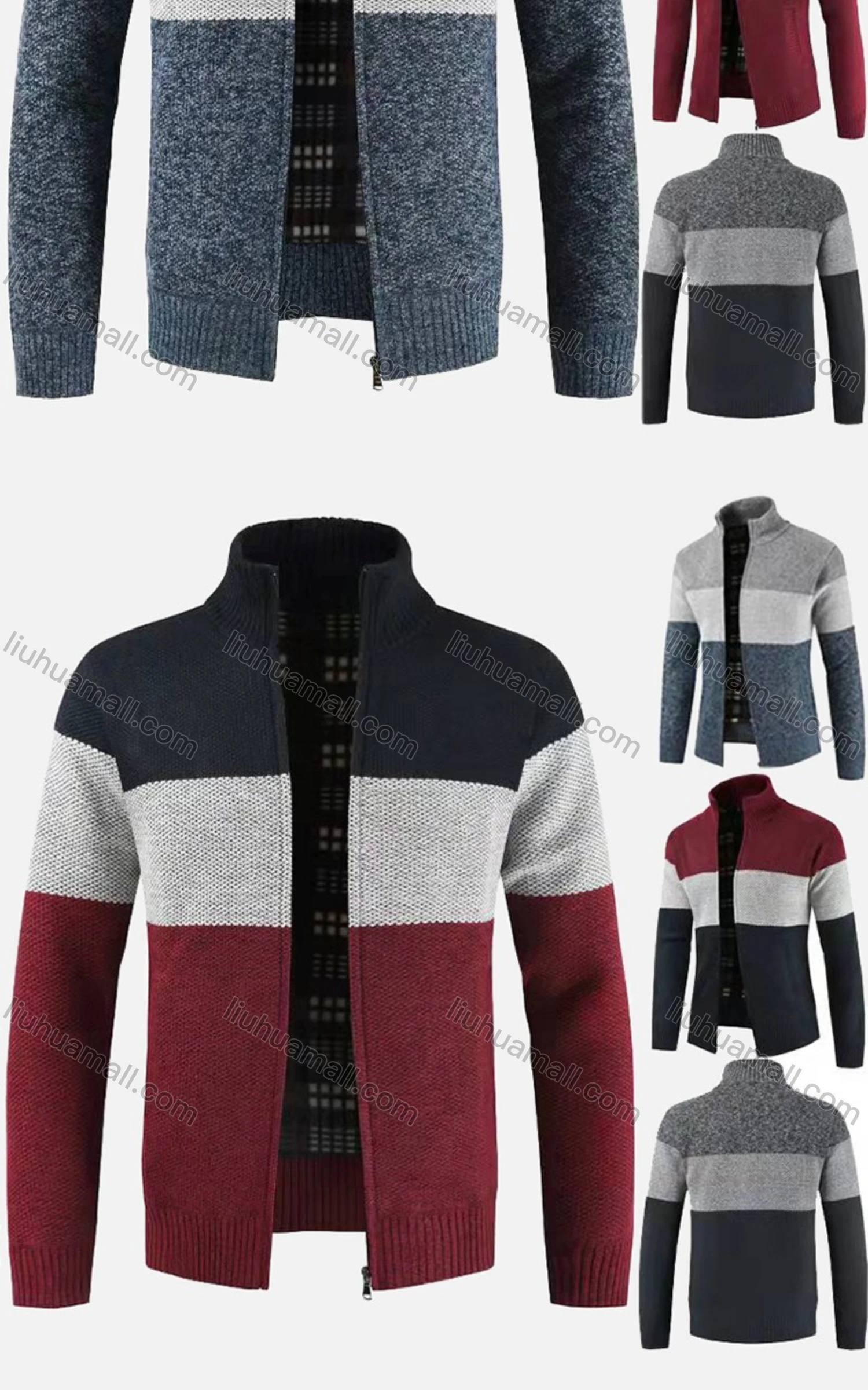 Wholesale Men's Casual Long Sleeve Full Zip Colorblock Chunky Knit Jackets - Liuhuamall