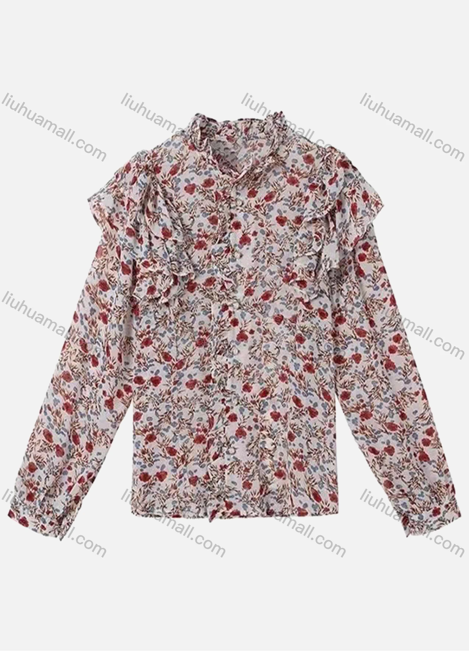 Wholesale Women's Chiffon Layered Ruffle Allover Floral Print Casual Blouse AY015# - Liuhuamall