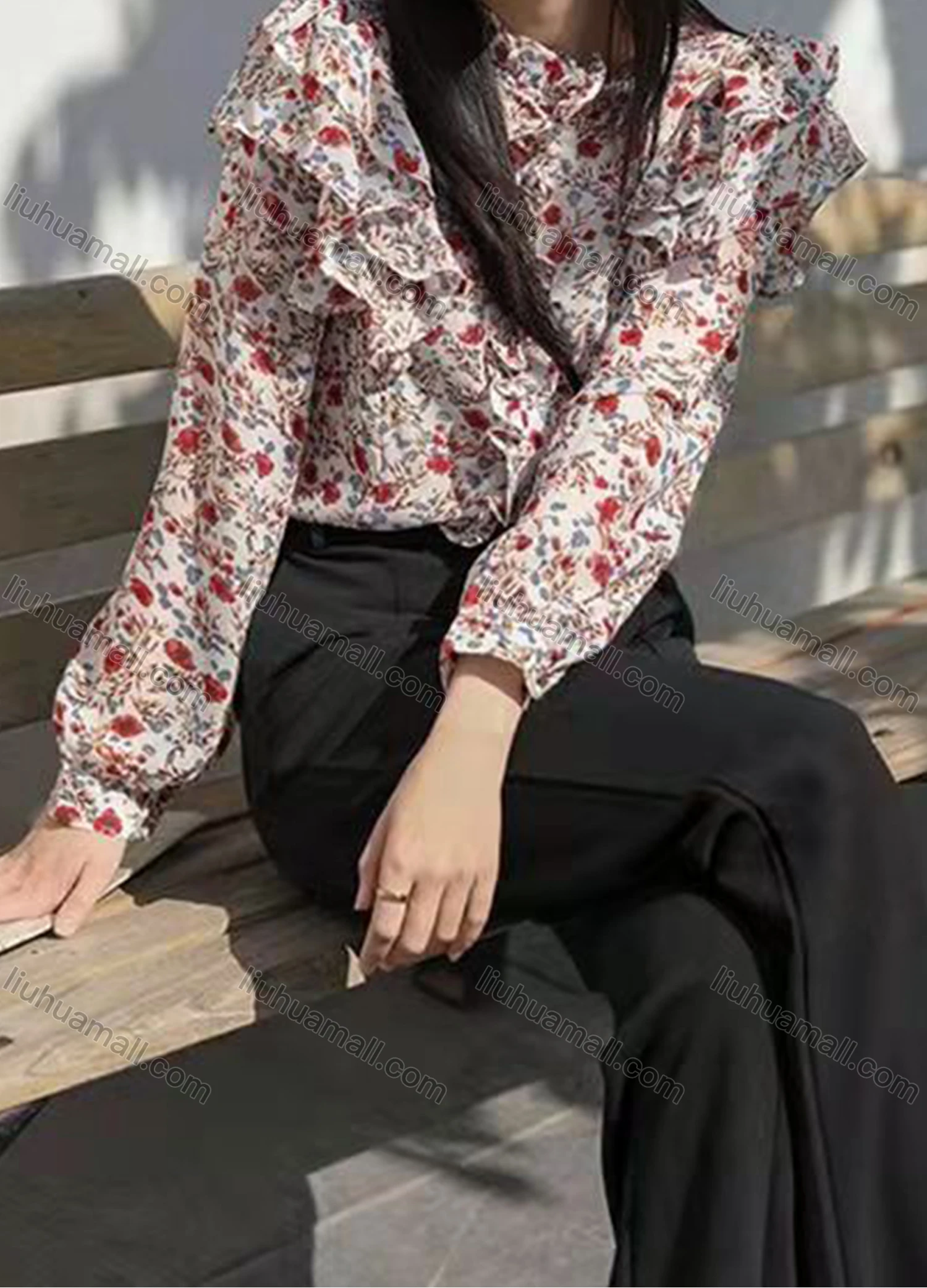 Wholesale Women's Chiffon Layered Ruffle Allover Floral Print Casual Blouse AY015# - Liuhuamall