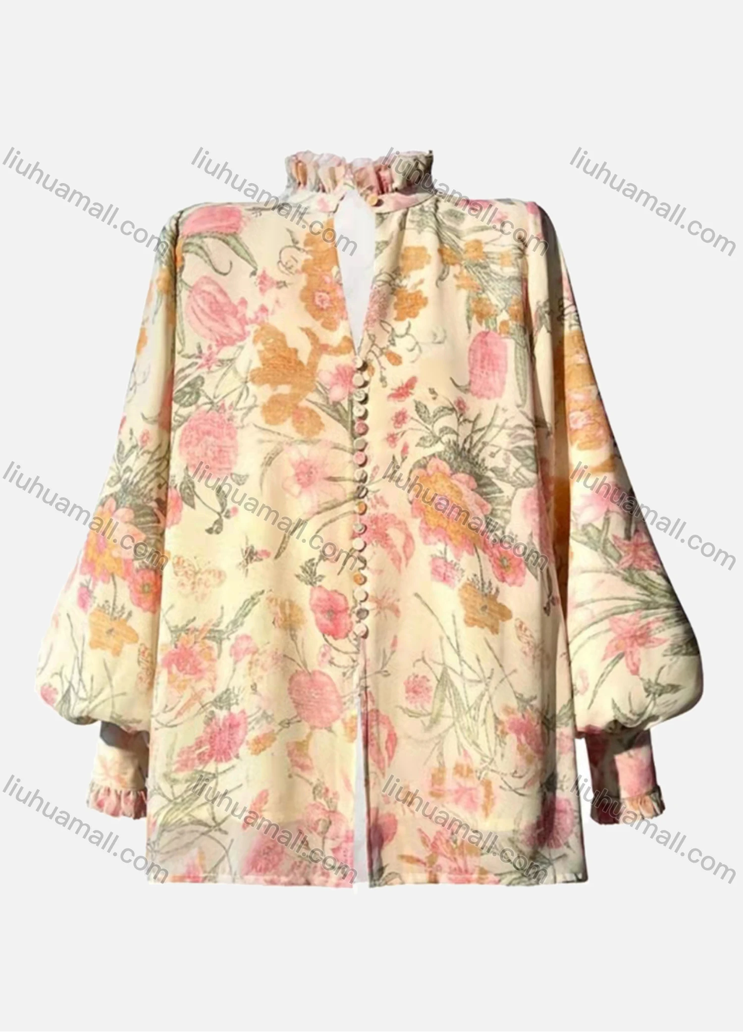 Wholesale Women's Ruffle Neck Button Decor Bishop Sleeve Floral Print Casual Top AY017# - Liuhuamall