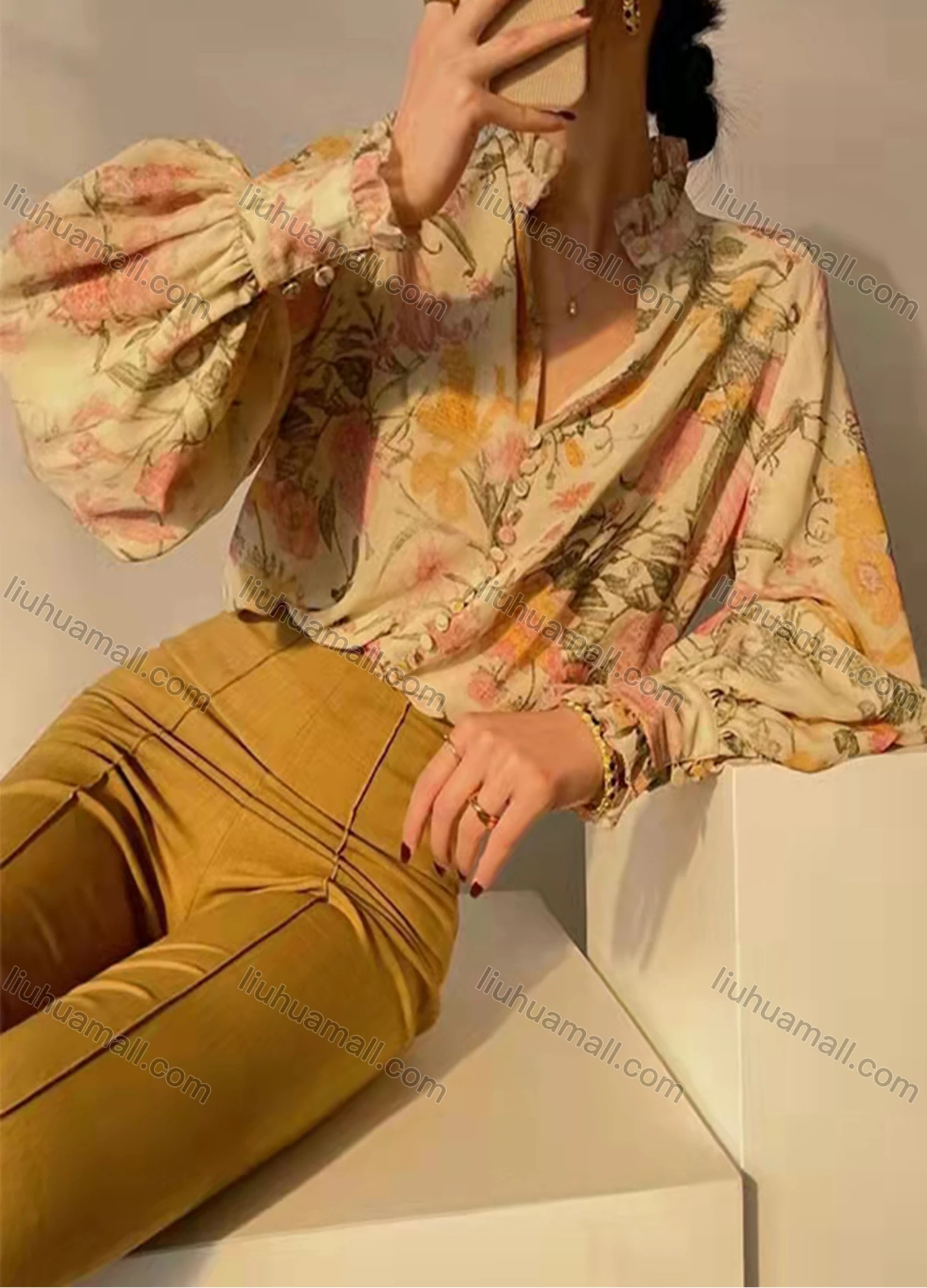 Wholesale Women's Ruffle Neck Button Decor Bishop Sleeve Floral Print Casual Top AY017# - Liuhuamall