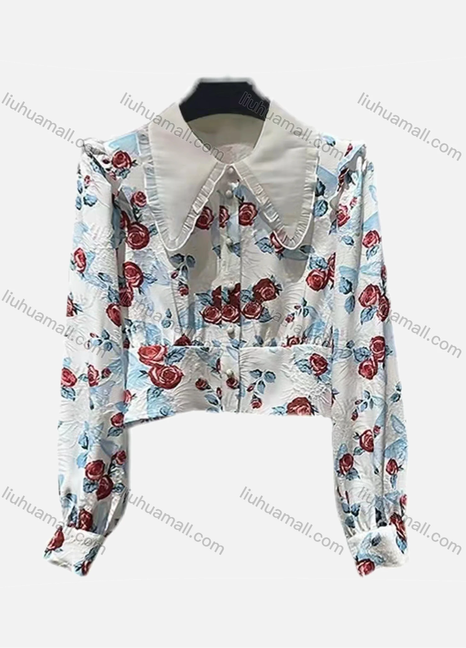 Wholesale Women's Peter Pan Collar Ruffle Trim Button Allover Floral Print Crop Blouse AY020# - Liuhuamall