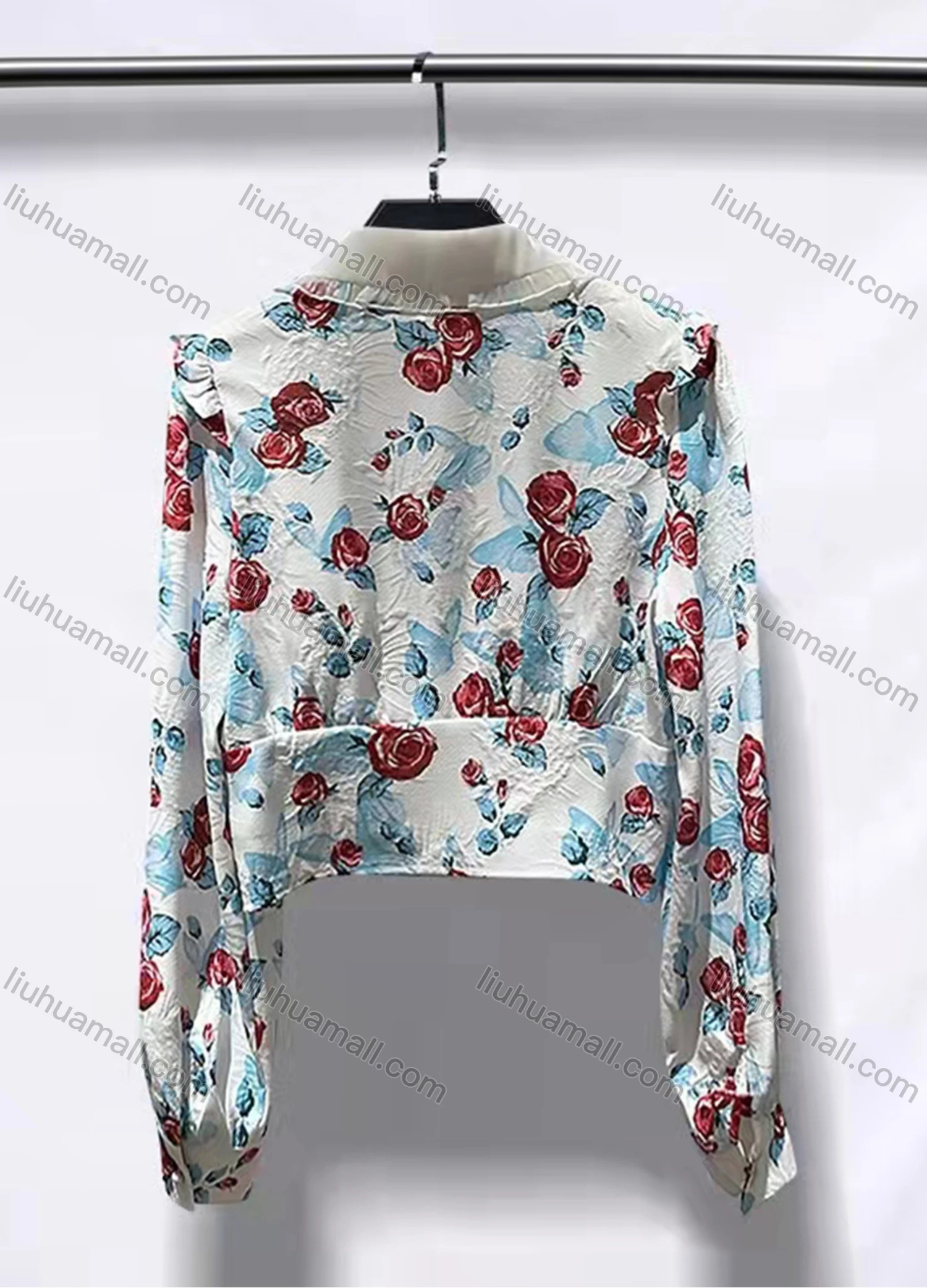 Wholesale Women's Peter Pan Collar Ruffle Trim Button Allover Floral Print Crop Blouse AY020# - Liuhuamall