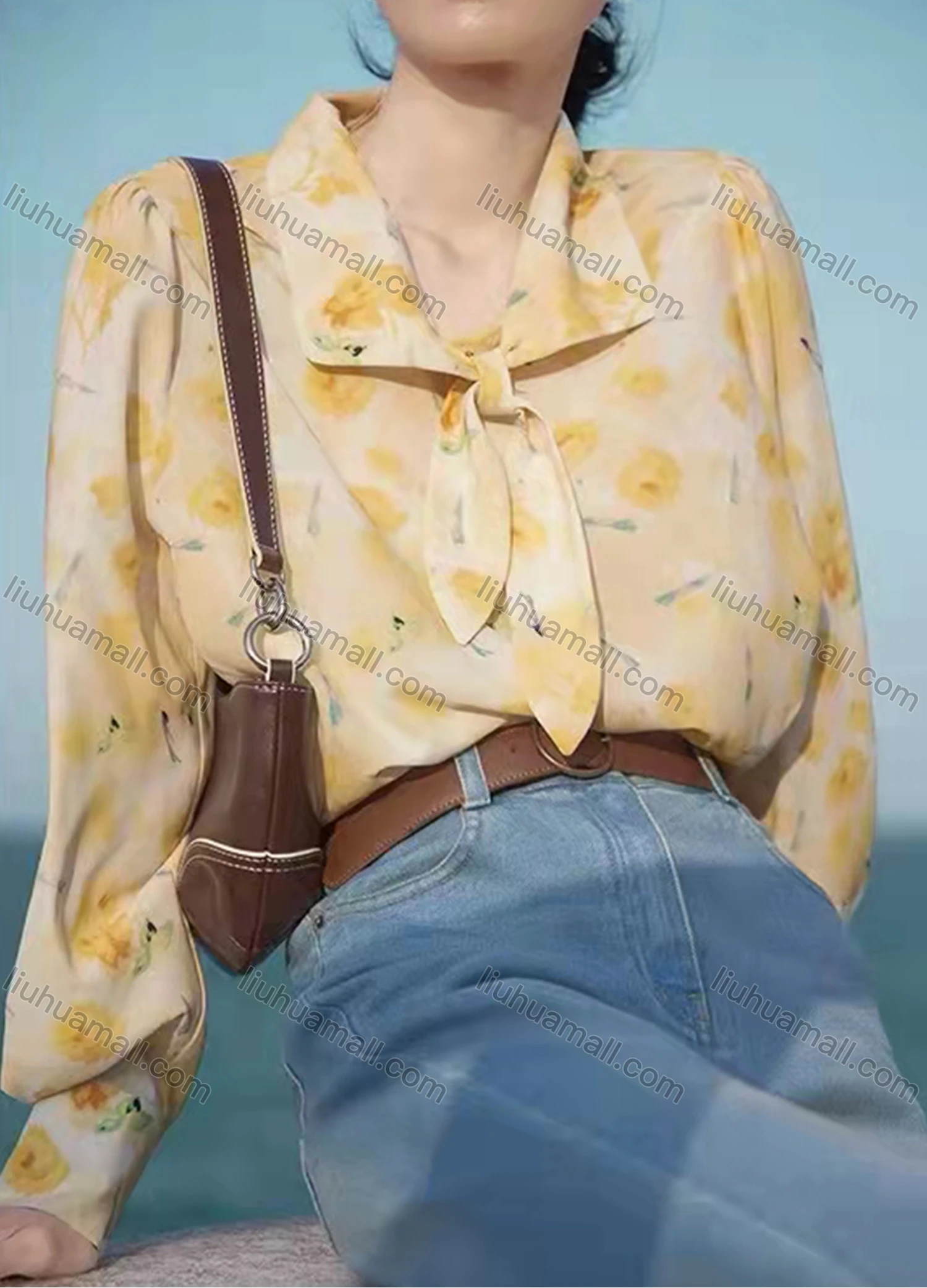 Wholesale Women's Tie Neck Long Sleeve Floral Print Pullover Blouse AY022# - Liuhuamall