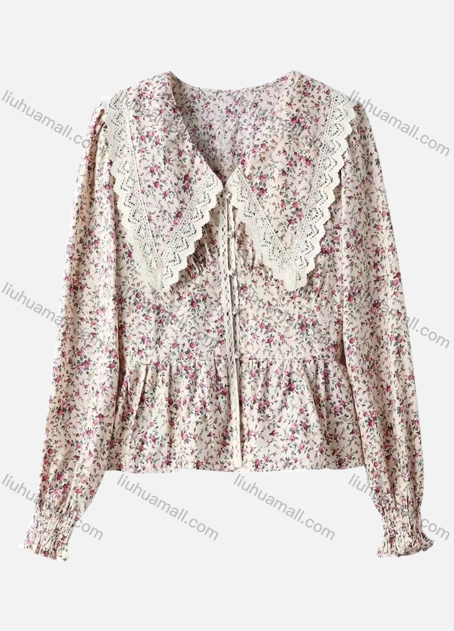 Wholesale Women's Vintage Peter Pan Collar Guipure Lace Trim Floral Print Blouse AY029# - Liuhuamall