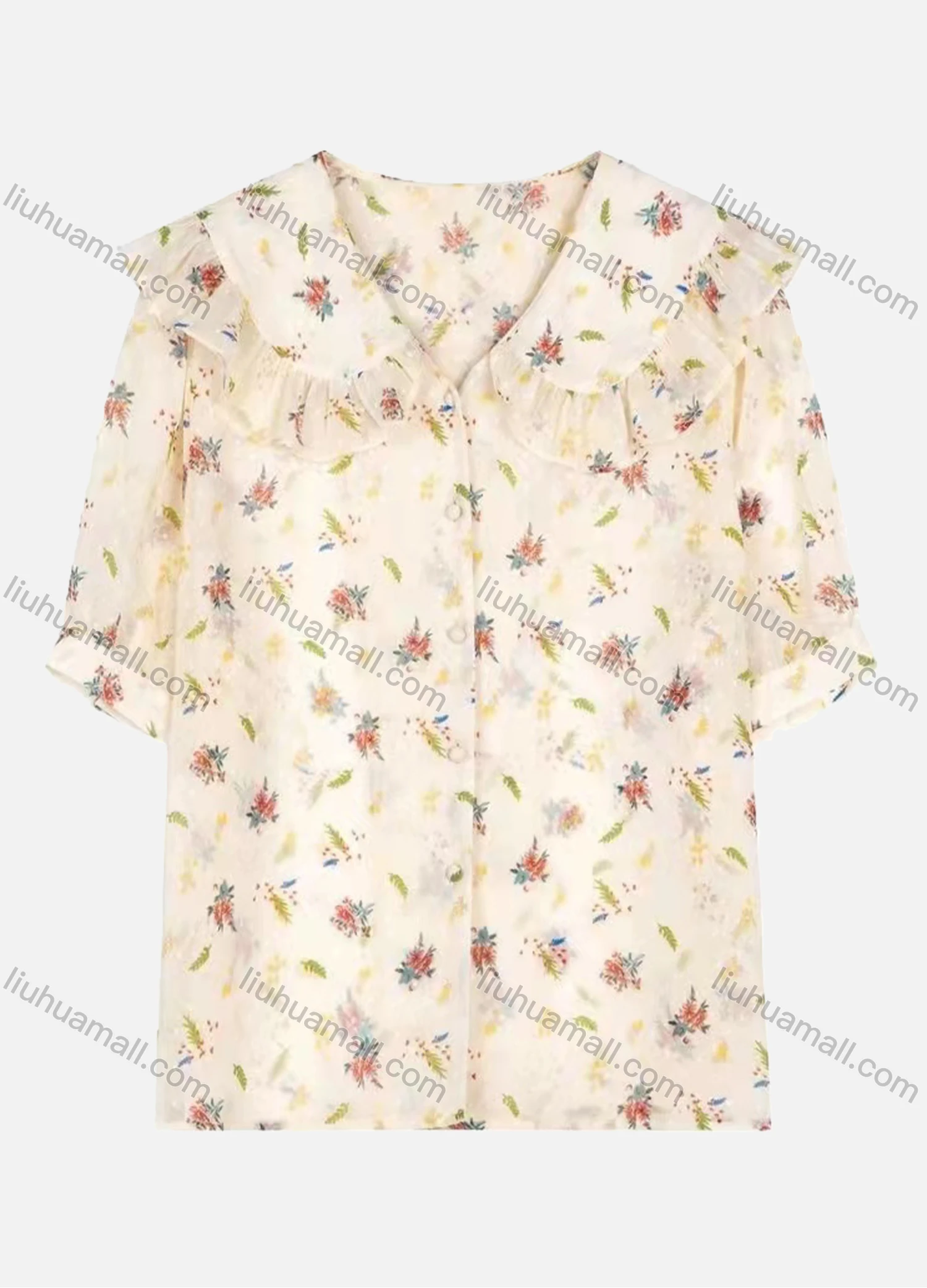 Wholesale Women's Vintage Peter Pan Collar Rolled Sleeve Floral Print Button Down Shirt AY030# - Liuhuamall