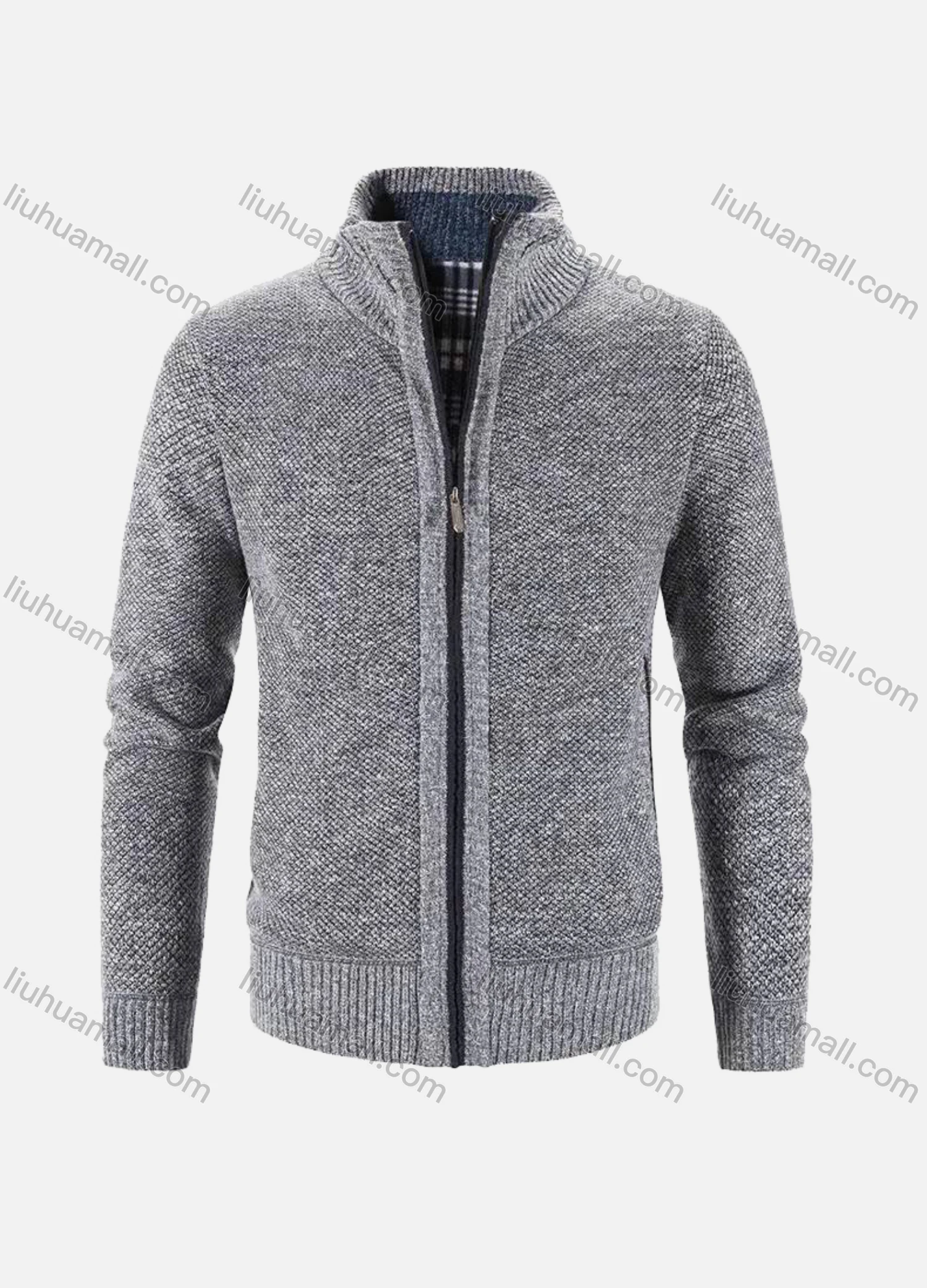 Wholesale Men's Casual Stand Collar Long Sleeve Full Zip Plain Chunky Knit Jackets - Liuhuamall